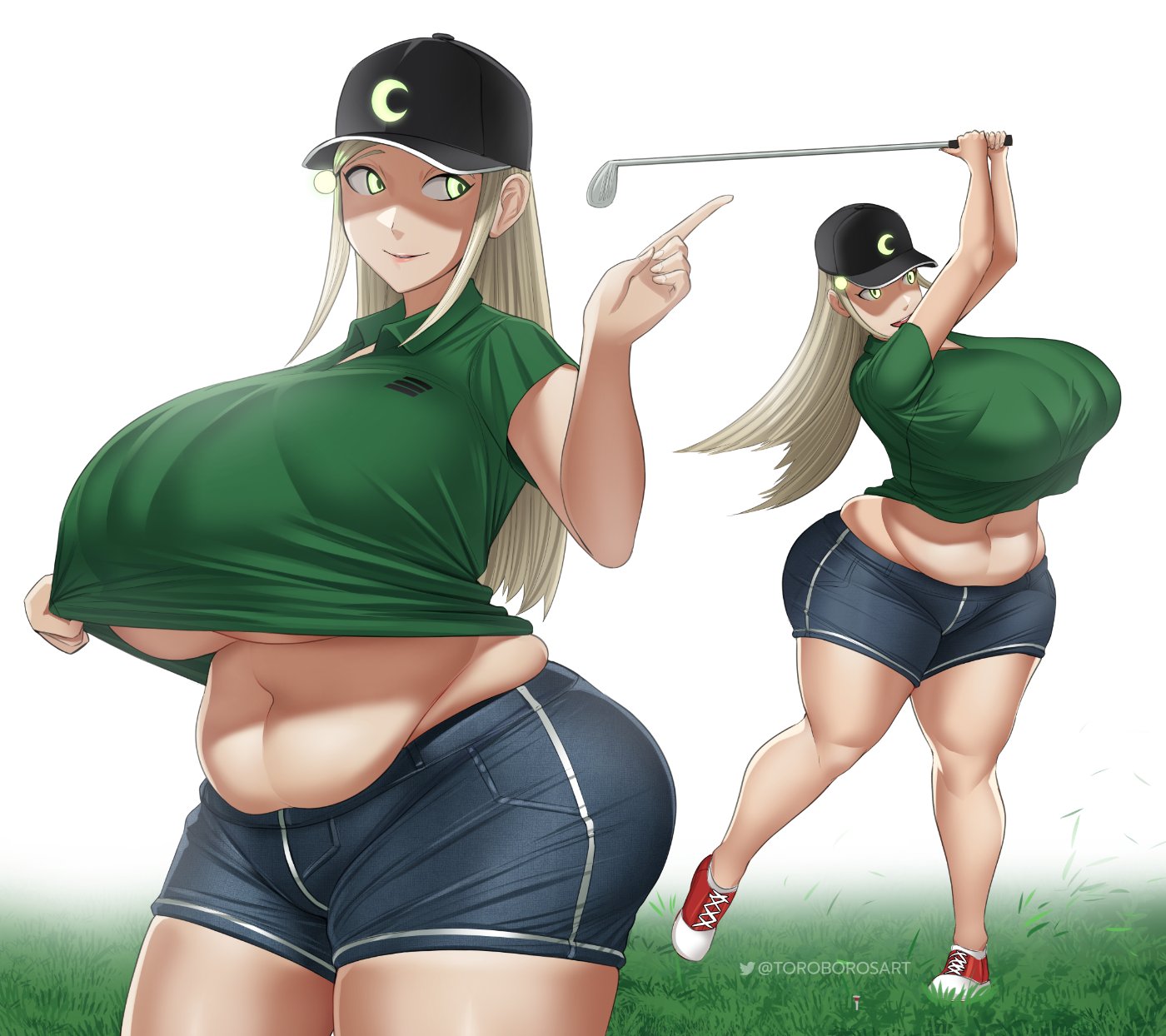 1girls, big breasts, breasts, chubby, cleavage, darae (toroboro), female, female only, golf, golf club, huge breasts, large breasts, solo, thick thighs, toroboro, underboob, wide hips