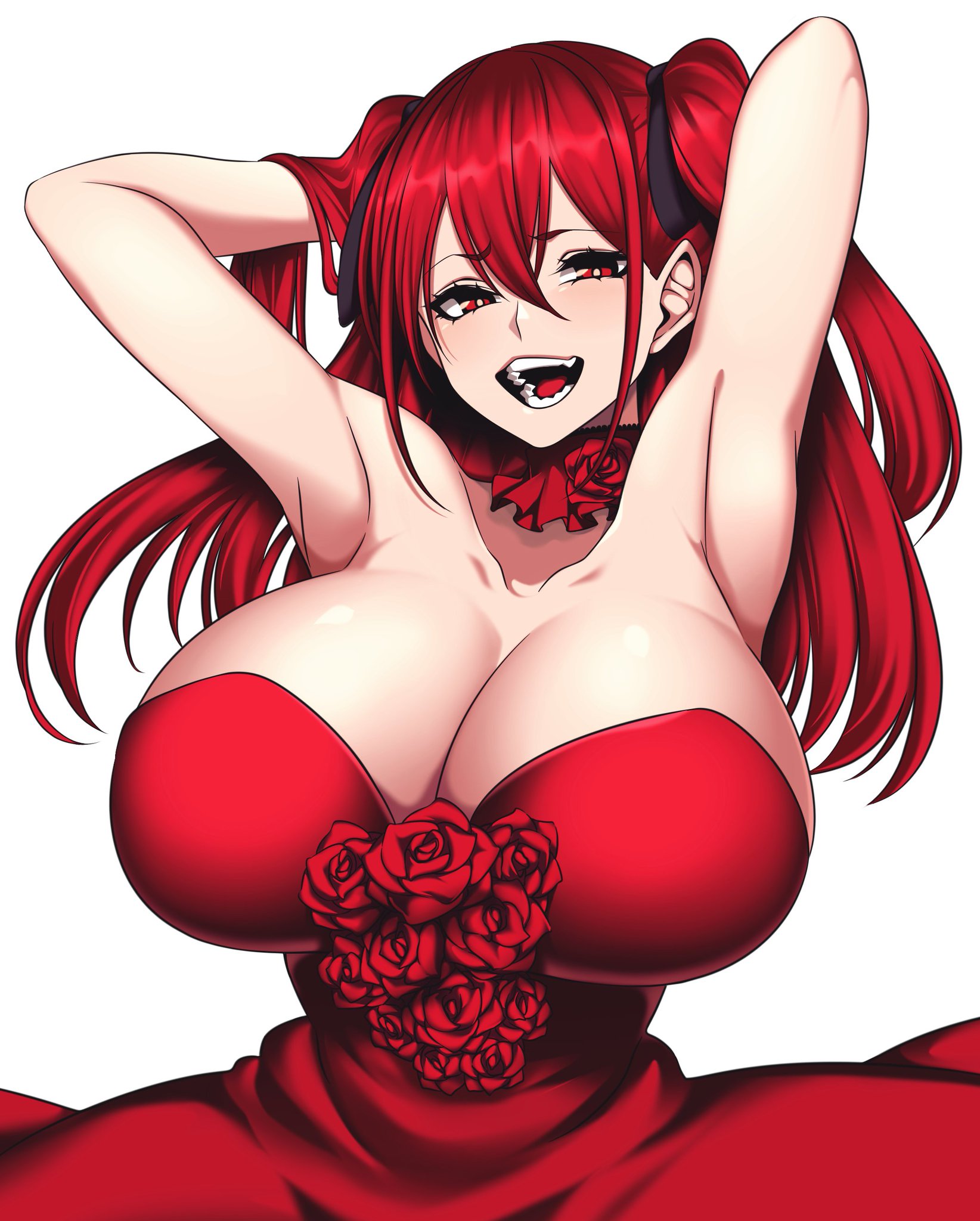 1girls, aka noju, armpits, arms behind head, arms up, big breasts, breasts, camui kamui (hz 666v), cute, dress, female, female only, huge breasts, large breasts, light skin, light-skinned female, long hair, open mouth, original, red dress, red eyes, red hair, solo, thick, thin, thin waist, top heavy, voluptuous, white background