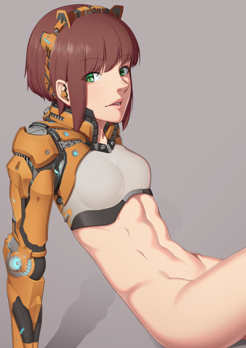 1girls, bottomless, cyborg, female, female focus, female only, green eyes, looking at viewer, posing, putcher, robotic arm, solo, solo female, solo focus