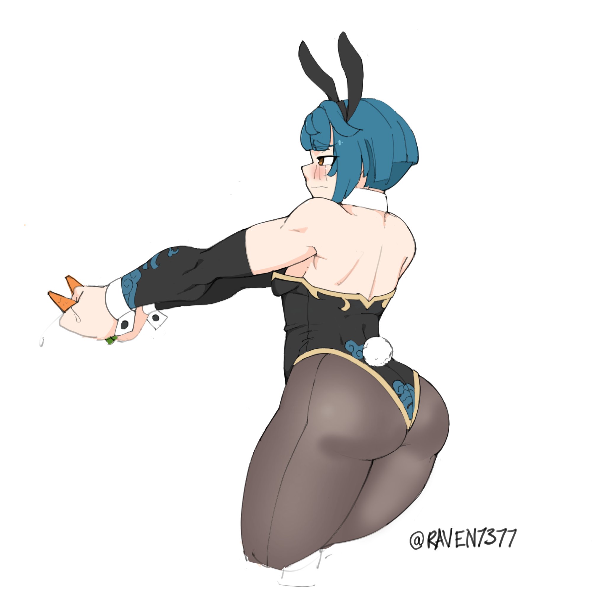 androgynous, ass, big ass, blue hair, boy, bunnysuit, femboy, from behind, genshin impact, girly, huge ass, huge butt, huge thighs, looking away, male, male only, raven7377, trap, xingqiu (genshin impact)