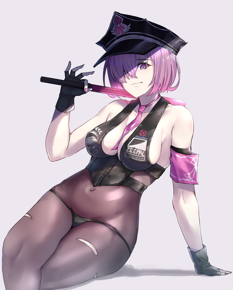 1girls, bare shoulders, big breasts, black stockings, bodystocking, breasts, cleavage, cosplay, fate (series), fate/grand order, female, female only, fingerless gloves, gloves, hat, holding, holding object, latex, licking lips, looking at viewer, m. tokotsu, mash kyrielight, nail polish, pink nail polish, pink nails, police hat, purple eyes, purple hair, sesshouin kiara, sesshouin kiara (swimsuit mooncancer) (cosplay), sesshouin kiara (swimsuit mooncancer) (fate), short hair, swimsuit, tearing clothes, tie