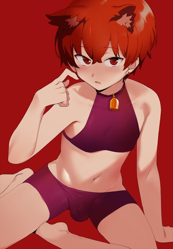 1boy, animal ears, bare arms, bare shoulders, barefoot, blush, bulge, cat ears, crop top, earrings, femboy, jewelry, looking at viewer, male, male focus, navel, neck bell, nise (basilsis), original, parted lips, red background, red eyes, red hair, red theme, simple background, sitting, sleeveless, solo, trap