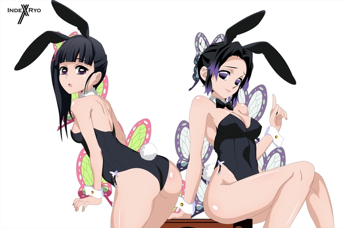 2girls, ass, bare legs, black hair, black-haired female, bowtie, bunny ears, bunny tail, bunnysuit, butterfly, butterfly hair ornament, demon slayer, female, female only, indexryo, kimetsu no yaiba, kochou shinobu, multiple females, multiple girls, ponytail, purple eyes, purple hair, purple-haired female, sisters, tsuyuri kanao, two-tone hair, white background
