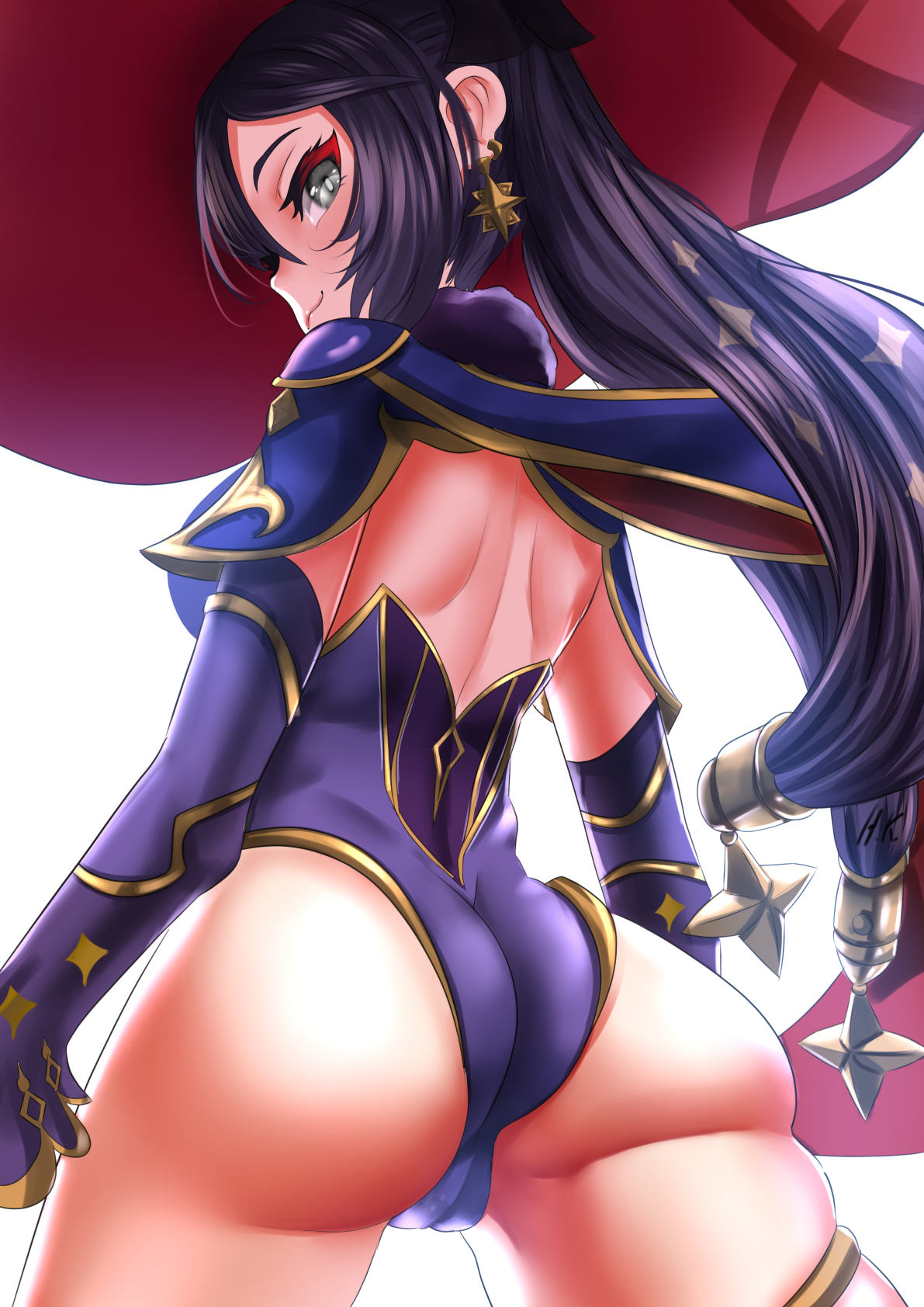 aqua eyes, ass, black legwear, cameltoe, earrings, female, from behind, fully clothed, genshin impact, hair ornament, hat, highres, huge ass, jewelry, kein hasegawa, leotard, long hair, long sleeves, looking at viewer, looking back, mona (genshin impact), purple hair, pussy, shiny, shiny clothes, shiny hair, shiny skin, smile, solo, twintails, witch hat