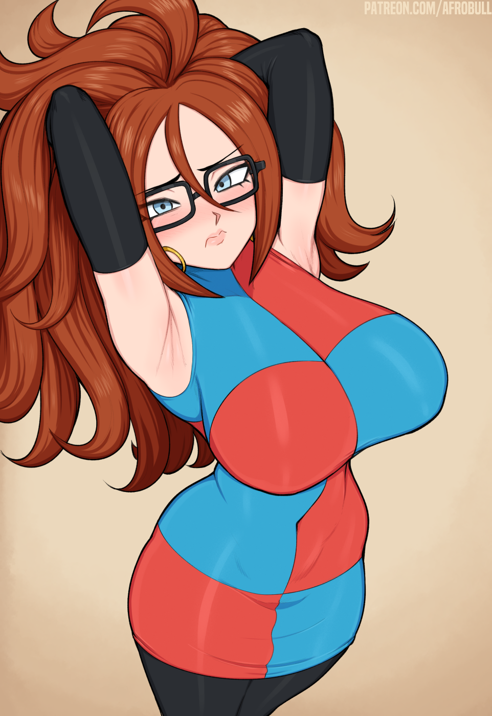 1girls, afrobull, android 21, android 21 (human), armpits, arms behind head, big breasts, blue eyes, breasts, brown hair, concerned, dragon ball, dragon ball fighterz, dragon ball z, elbow gloves, female, female focus, female only, glasses, hoop earrings, long hair, nipples, shounen jump, tight clothing, tight dress