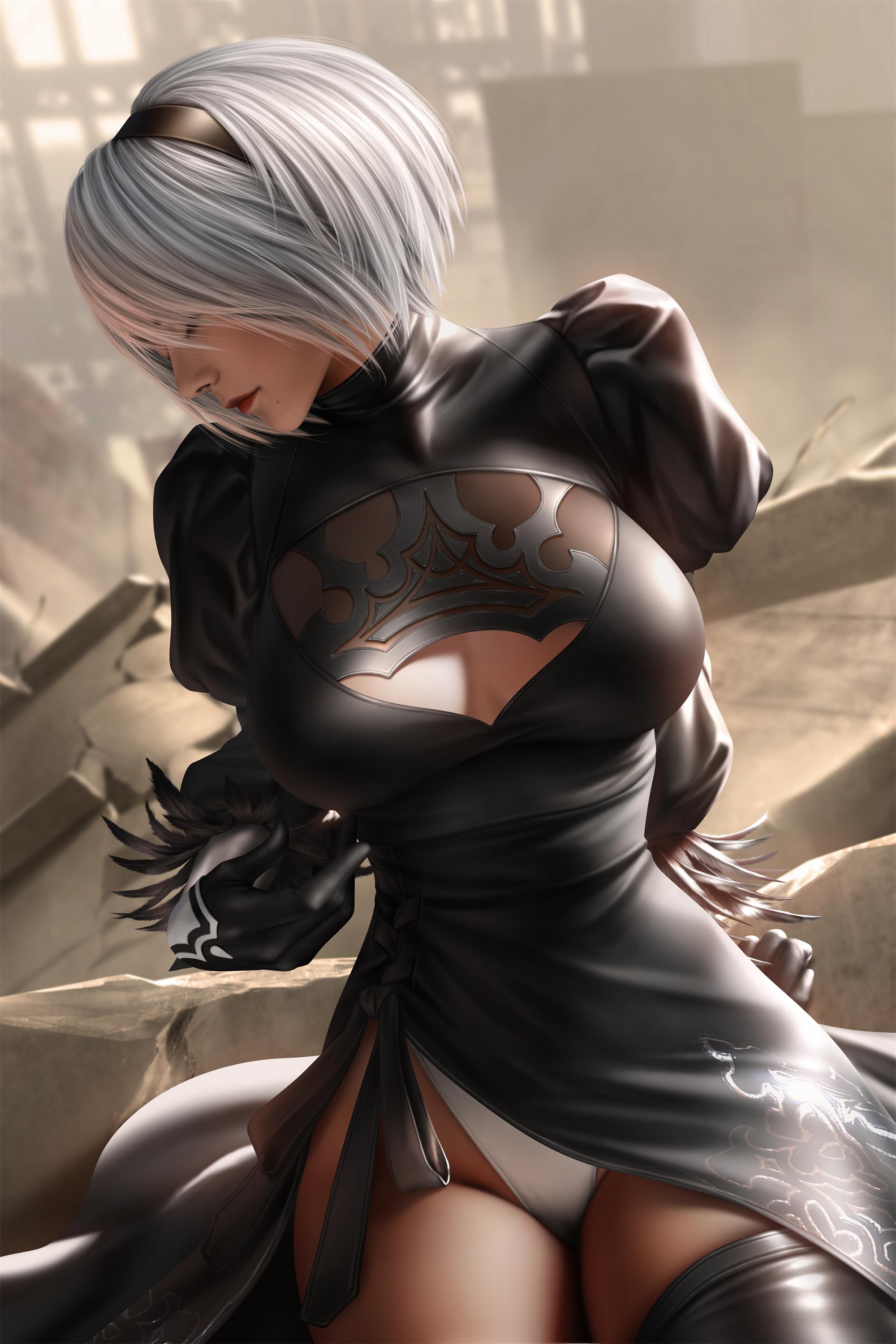 1girls, breasts, city, cleavage, cleavage cutout, closed eyes, clothed, cloud.d, dress, female, hi res, large breasts, leotard, lips, nier: automata, outdoors, realistic, ruins, short hair, sitting, solo, white hair, yorha 2b