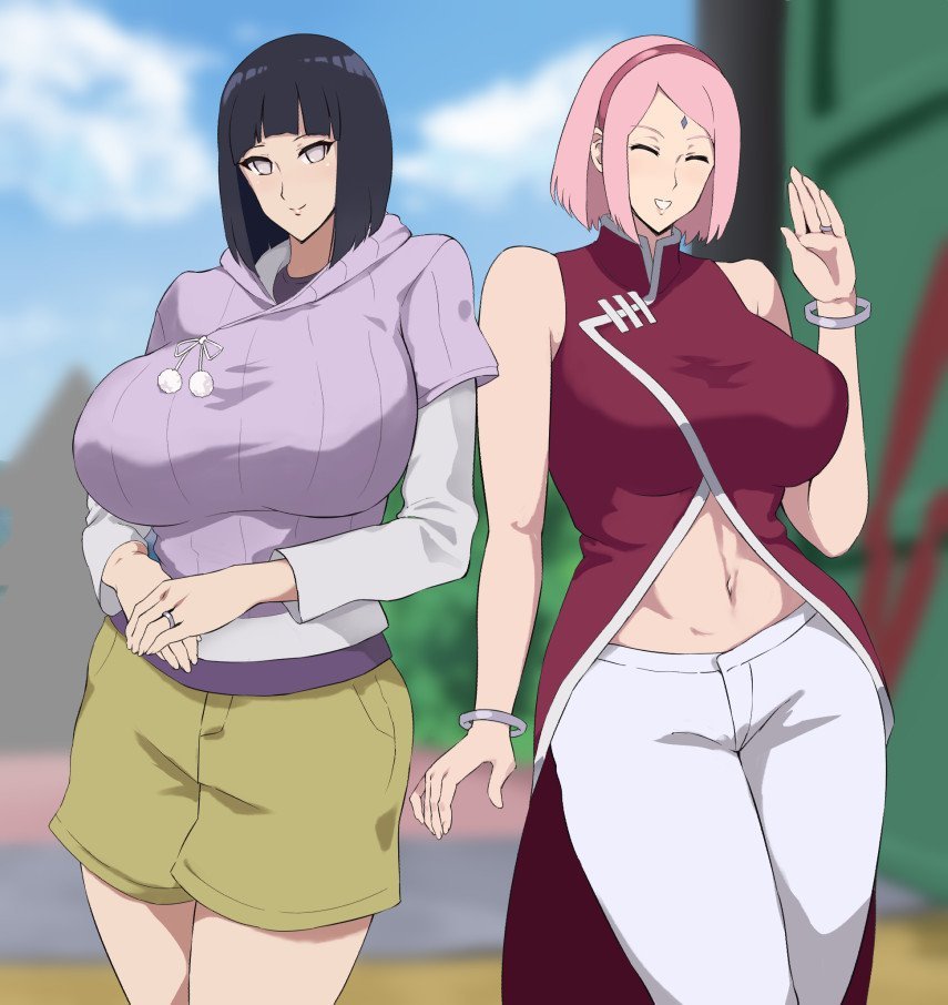 0byte, 2girls, 5 fingers, abs, alternate breast size, bare arms, bare shoulders, belly, belly button, big breasts, blue hair, blush, blushing, bob cut, boruto: naruto next generations, bracelet, bracelets, breasts, breasts bigger than head, busty, closed eyes, clothed, clothes, clothing, curvaceous, curvy, curvy figure, female, female only, forehead jewel, forehead mark, fully clothed, haruno sakura, headband, hips, hoodie, huge breasts, human, hyuuga hinata, jacket, jeans, large breasts, legs, light skin, light-skinned female, lipstick, looking at viewer, mature, mature female, milf, multiple females, multiple girls, naruto, naruto (series), navel, oppai, outdoors, outside, pale skin, pale-skinned female, pink hair, pink lips, pink lipstick, pose, posing, purple eyes, ring, sakura haruno, shadow, short hair, shorts, sleeveless, sleeveless shirt, smile, smiling, smiling at viewer, smirk, standing, thick, thick thighs, thighs, thunder thighs, uchiha sakura, uzumaki hinata, violet eyes, voluptuous, waving, wedding ring, white pants, wide hips, zero byte