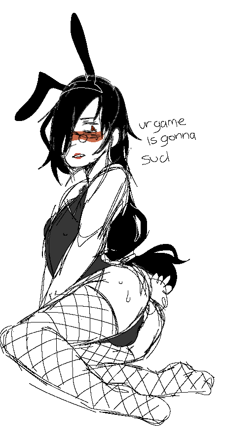 black_hair bunny_boy bunny_ears bunny_tail bunnyboy bunnysuit doodle fafnir fafnir_(dragon_maid) femboy fishnets glasses lipstick long_hair miss_kobayashi's_dragon_maid red_eyes solo stockings sweat thighhighs