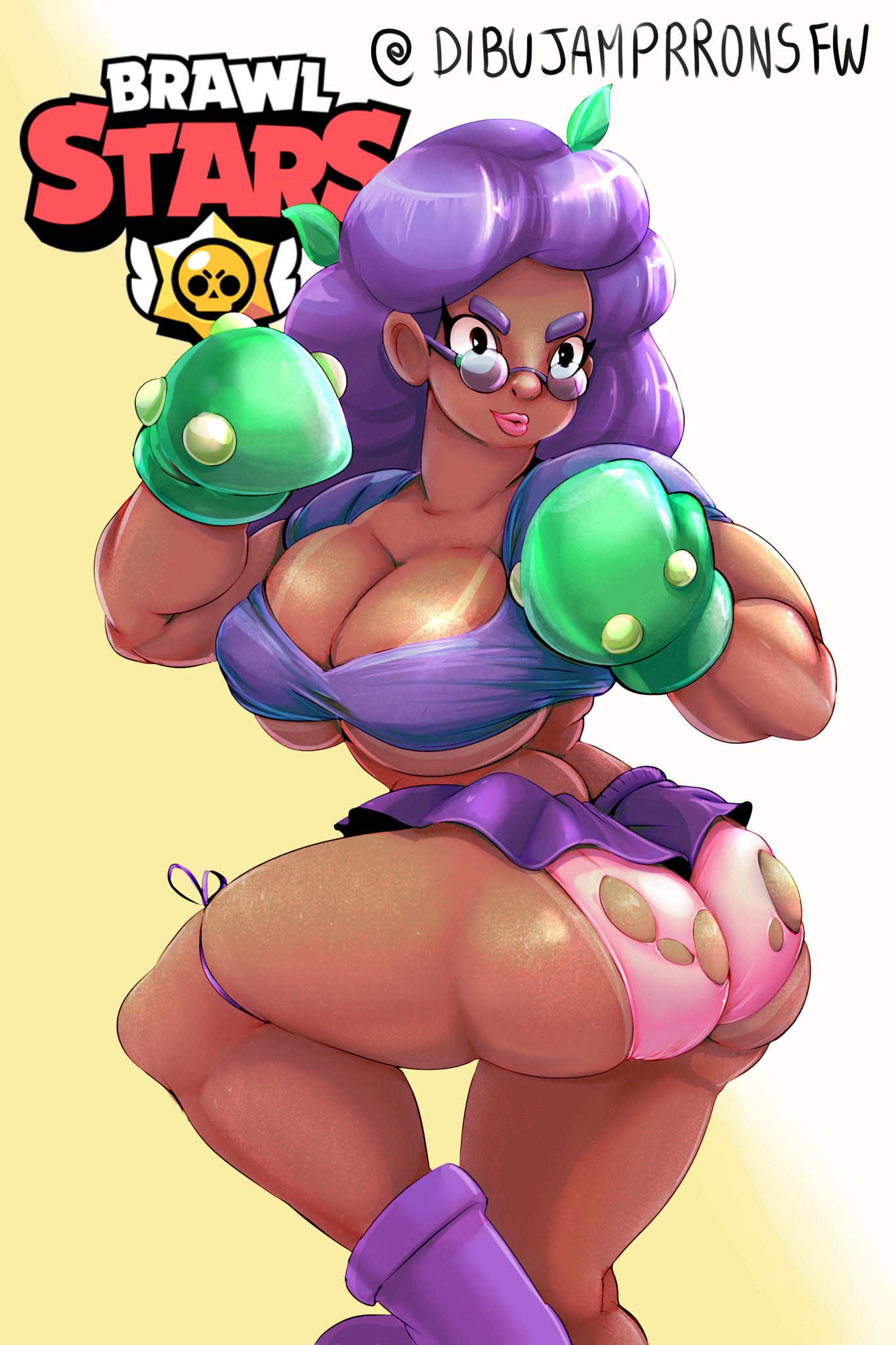 1girls, ass, big breasts, brawl stars, breasts, female, huge ass, looking over eyewear, looking over glasses, looking over sunglasses, purple-tinted eyewear, rosa (brawl stars), sunglasses, supercell, tinted eyewear, torule34