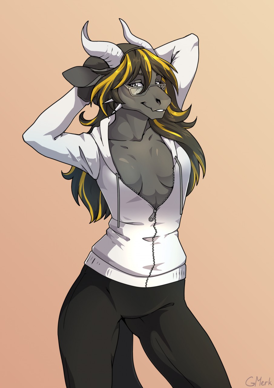 anthro black_hair breasts clothed clothing dragon eamart female female_only glasses grey_body grey_eyes hair horns open_mouth open_smile smile solo two_tone_hair yellow_hair