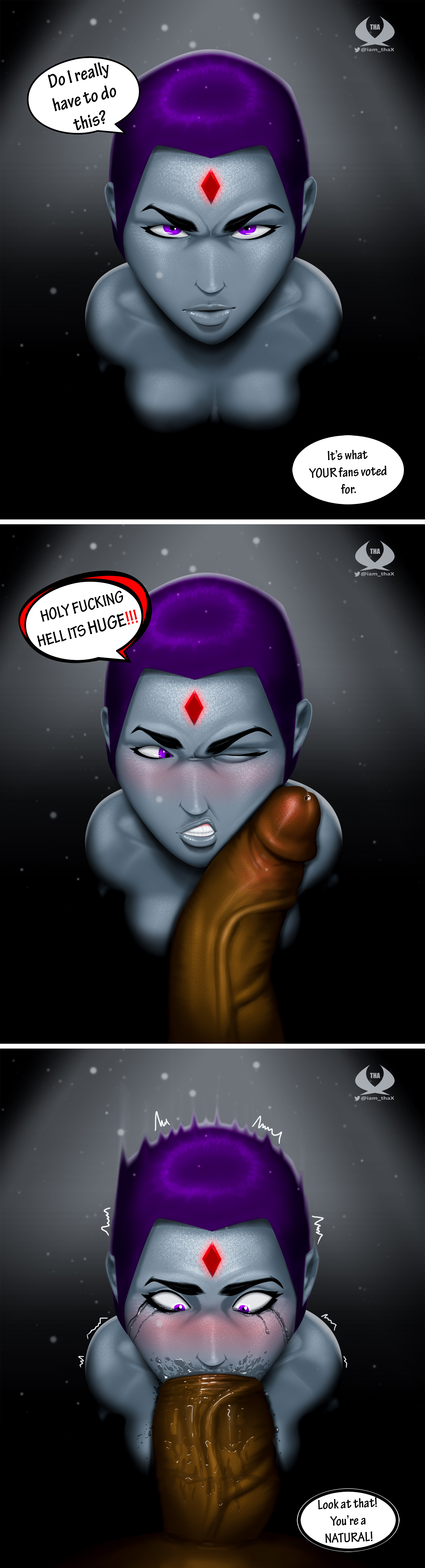 1boy, 1girls, angry, big penis, blowjob, blush, blushing, bob cut, breasts, busty, cleavage, collarbone, colored, comic, crying, dark skin, dark-skinned male, dc, dc comics, deep blowjob, deepthroat, dialogue, english, english text, erect penis, erection, eye contact, fellatio, female, femsub, gag, gagging, glans, goth, grey skin, gritted teeth, gums, huge cock, huge penis, interracial, large penis, light skin, light-skinned female, long penis, makeup, male, male on female, male pov, maledom, mascara, mascara tears, medium hair, nude, nudity, one eye closed, oral, oral penetration, oral sex, pale skin, pale-skinned female, partial male, penis, pov, purple eyes, purple hair, rachel roth, raven (dc), saliva, saliva drip, saliva on penis, saliva string, saliva trail, secretly loves it, slim, sorceress, speech bubble, straight, superheroine, tears, teen titans, teenager, teeth, text, tha, thick penis, vein, veins, veiny, veiny penis, wince