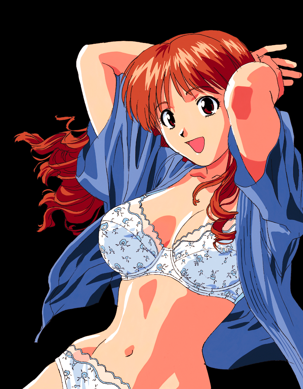 90s arms_behind_head arms_up asuka_(viper) bare_arms black_background bra breasts brown_eyes brown_hair cleavage clothing eyebrows_visible_through_hair highres katsura_ken'ichirou kendo kendo_gi long_hair looking_at_viewer matching_hair/eyes medium_breasts navel official_art open_mouth panties simple_background smile sogna tongue underwear viper_(series) viper_ctr white_bra white_panties