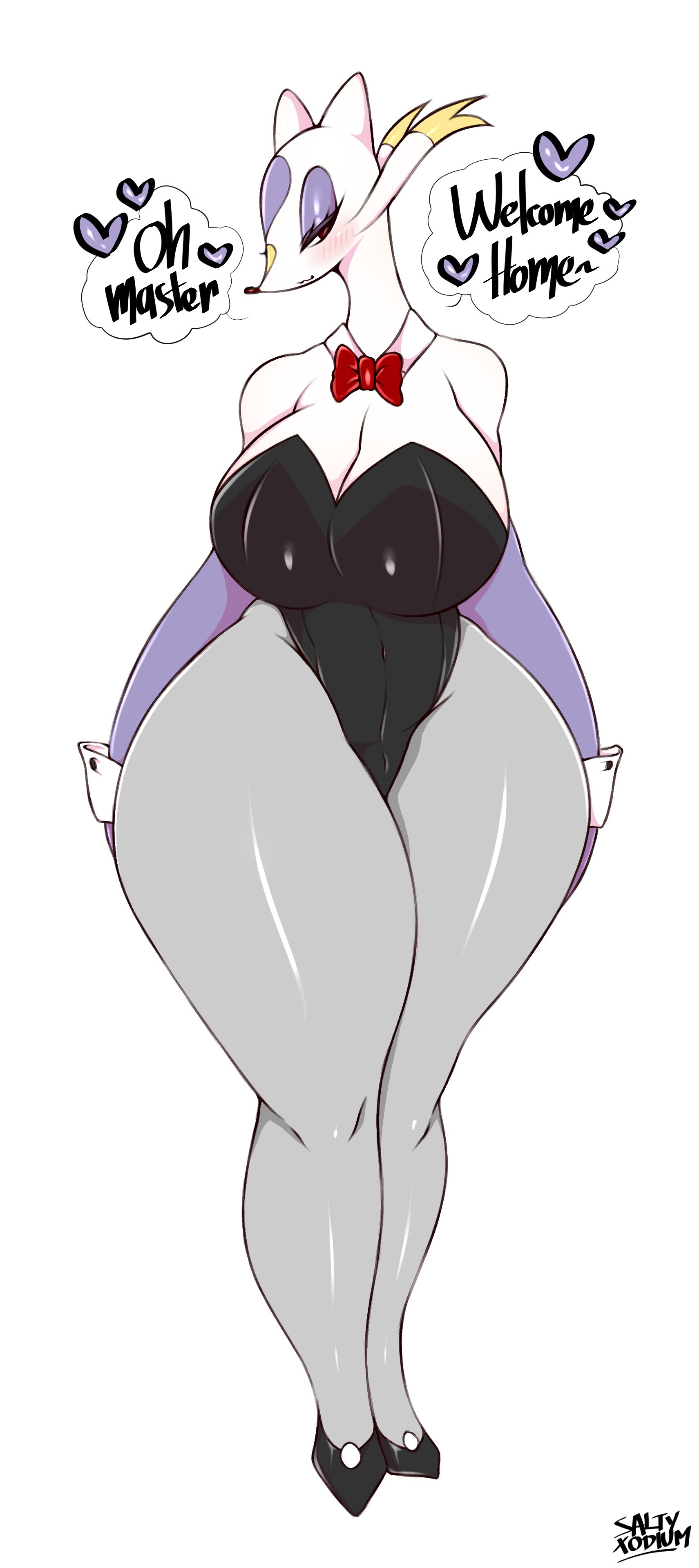 1girls, anthro, big breasts, blush, breasts, female, female pokemon, huge breasts, huge thighs, large breasts, leotard, mienshao, nintendo, pokemon, pokemon bw, saltyxodium, solo, speech bubble, standing, text, thick thighs, thighs, white background, wide hips
