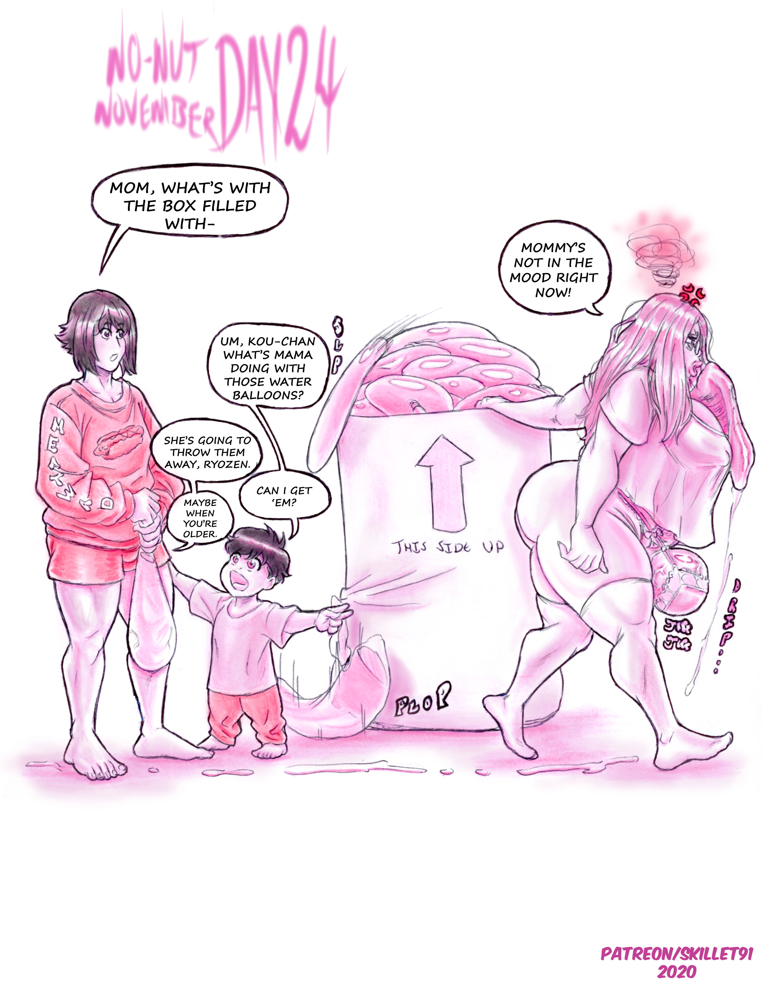 1futa, anger vein, angry, autopaizuri, autopaizuri under clothes, balls, balls bra, bbw, big breasts, box, breasts, chinko (skillet91), chubby, chubby female, chubby futa, clothed, clothing, condom on penis, dialogue, erection under clothing, excessive precum, female, filled condoms, fully clothed, futanari, glasses, huge balls, huge breasts, huge cock, human, intersex, irritated, kousuke (skillet91), large breasts, large hips, leaking precum, monochrome, mostly clothed, no nut november, no pants, onlookers, penis, penis under shirt, plump, precum, precum in condom, skillet91, stocking, swollen balls, text, thick, thick hips, thick legs, thick thighs, voluptuous, wide hips, wide thighs