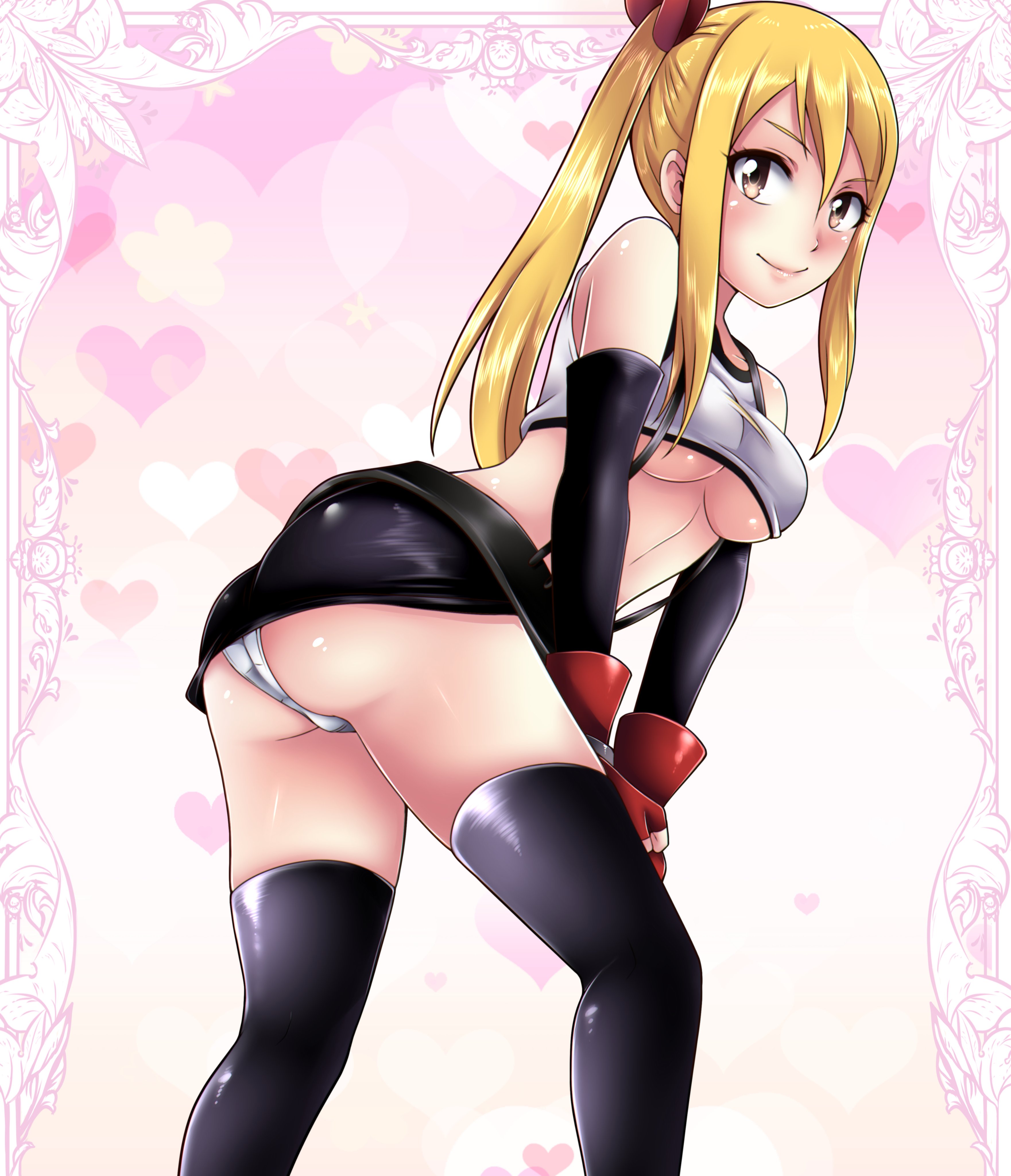 1girls, ass, big ass, blonde hair, blonde-haired female, breasts, brown eyes, cosplay, cute, fairy tail, female, king cat art, lucy heartfilia, miniskirt, panties, ponytail, small panties, smile, stockings, thighhighs, tifa lockhart (cosplay), upskirt, white panties, wide hips
