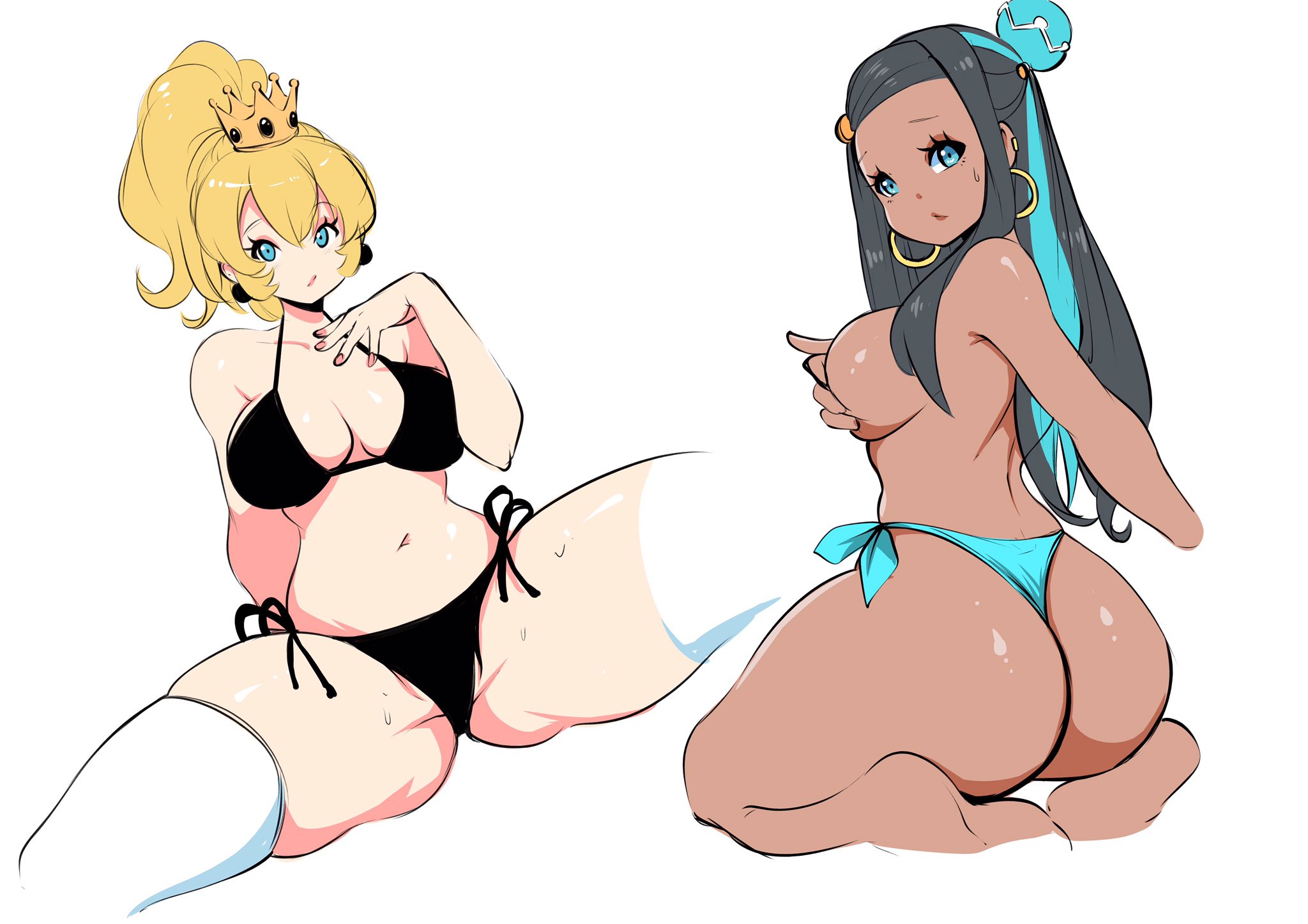 2girls, ass, big ass, bikini, black bikini, blue bikini, blue eyes, blue hair, breasts, cleavage, covering, covering breasts, crossover, dark skin, dark-skinned female, eye contact, female, female only, high ponytail, human, kenron toqueen, large ass, light skin, light-skinned female, long hair, looking at viewer, mario (series), multiple females, multiple girls, nessa (pokemon), new super mario bros. u deluxe, nintendo, pokemon, pokemon ss, ponytail, princess peach, side-tie bikini, sideboob, simple background, sitting, spread legs, swimsuit, thick ass, thick thighs, thighhighs, thighs, tied hair, topless, wariza, white background