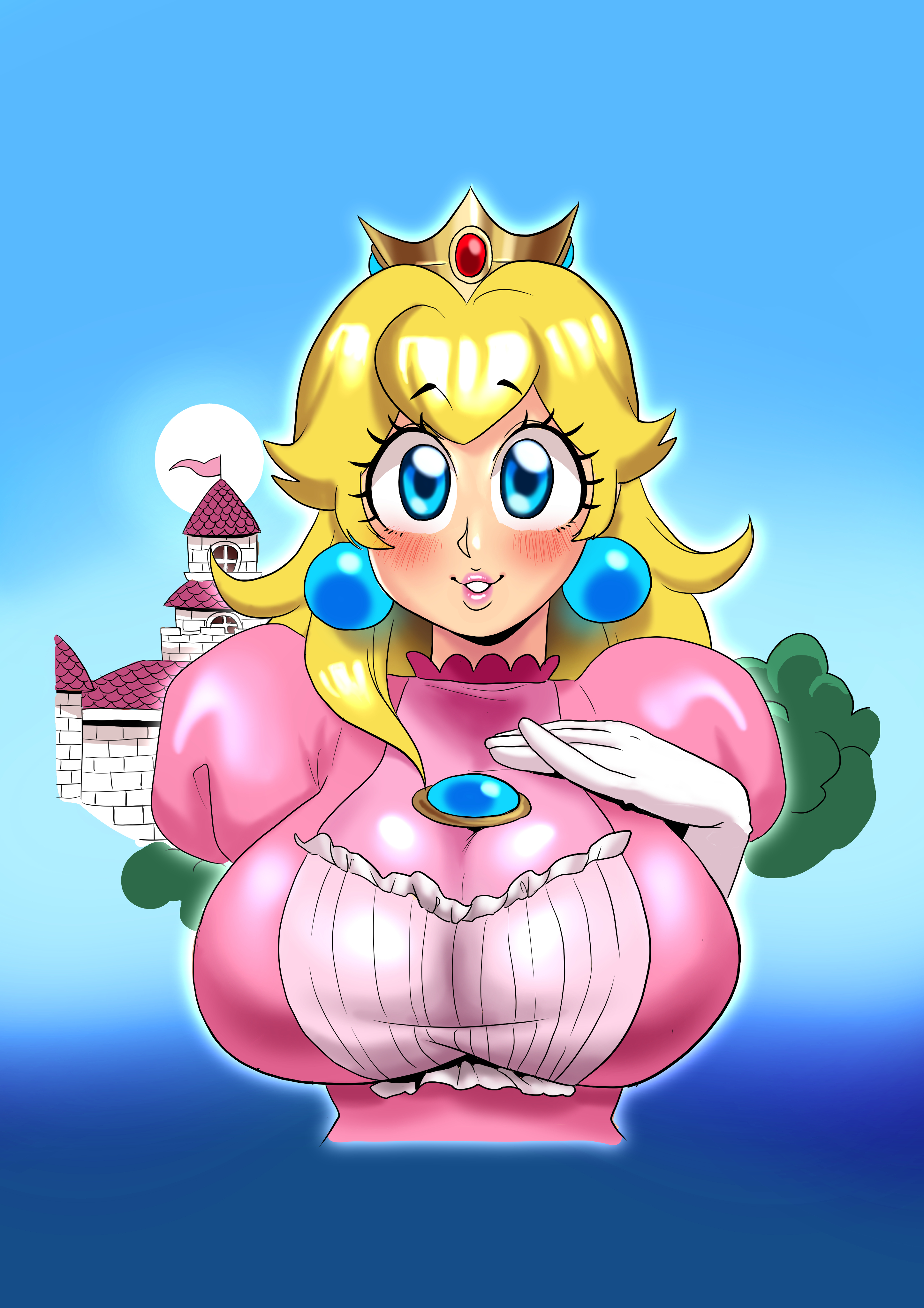 ass, big breasts, blonde hair, blue eyes, blush, breasts, busty, dress, earrings, female, female only, fully clothed, huge breasts, large ass, lipstick, long hair, looking at viewer, mario (series), nintendo, pink dress, princess, princess peach, royalty, sasatseng, super mario bros.