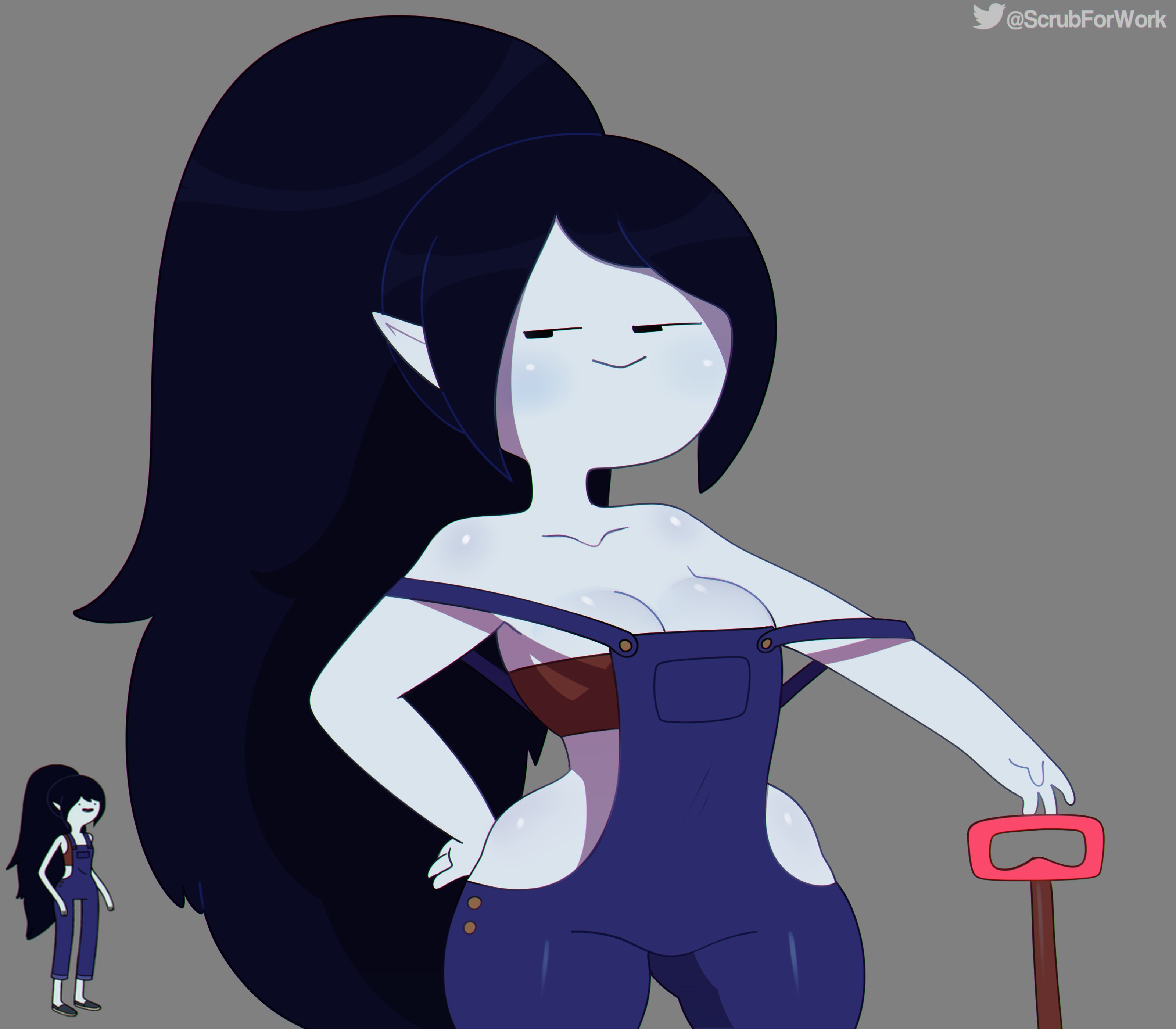 1girls, adventure girls, adventure time, ass, ass visible through thighs, black hair, breasts, buttons, cartoon network, cleavage, farmer, farmgirl, female, female focus, female only, hair, hand on hip, hourglass figure, light skin, light-skinned female, long hair, marceline, medium breasts, mob face, overalls, pale skin, pale-skinned female, pinup, pinup pose, pointy ears, pose, posing, revealing clothes, shovel, smile, smug, solo, solo female, somescrub, standing, strap slip, straps, thick thighs, tubetop, twitter, twitter username, vampire, watermark, wide hips