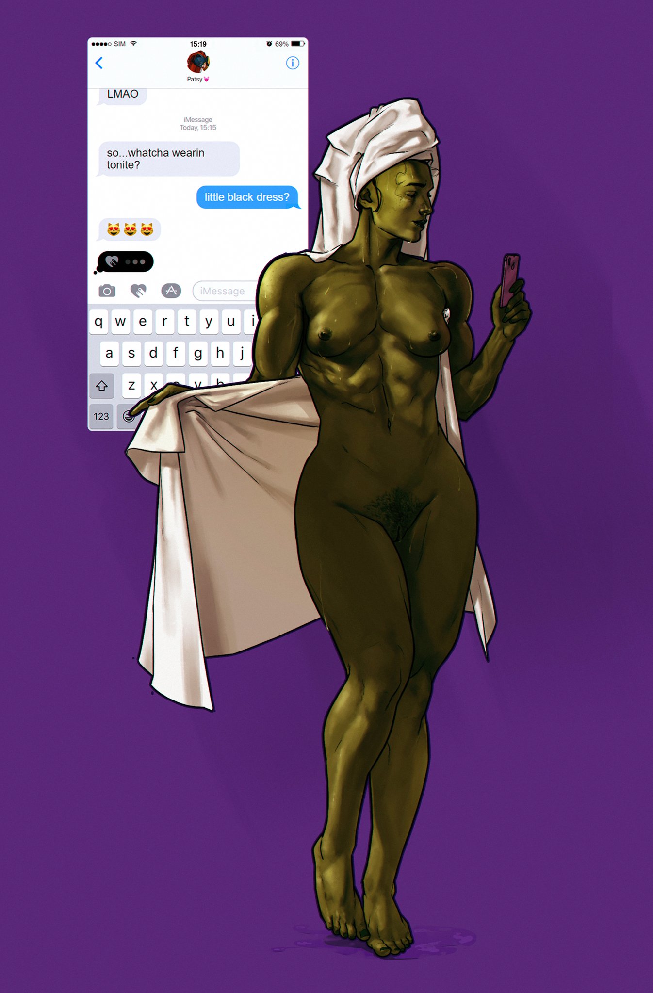 1girls, 2020, abs, areola, breasts, chat, dima ivanov, fat mons, feet, female, female only, green body, green skin, hips, hulk (series), legs, marvel, marvel comics, muscles, muscular, muscular female, nipples, nude, nude female, perky breasts, phone, pubic hair, she-hulk, small breasts, smartphone, solo, solo female, thighs, toes, towel, wet, wide hips
