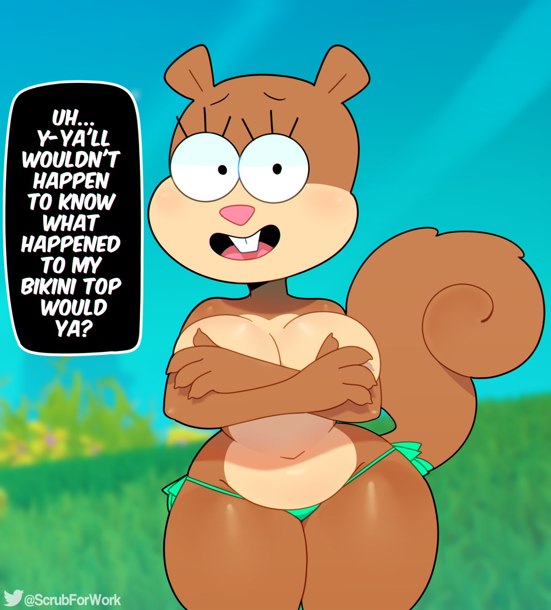 1girls, anthro, ass, big ass, big breasts, bikini bottom, blush, breasts, brown fur, cleavage, clothing, covered nipples, covering, cute, cute fang, embarrassed, enf, female, fluffy, fluffy tail, fur, furry, happy, heart, looking at viewer, looking down, mammal, naked, nickelodeon, nipples, no bra, nude, open mouth, sandy cheeks, solo, somescrub, spongebob squarepants, straight hair, sweat, tail, teeth, text, tongue, topless, wet