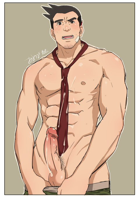1boy, abs, after orgasm, bara, big pecs, black hair, blush, brown eyes, color, cum, cum on body, cum on clothes, dick gumshoe, ejaculation, gyakuten saiban, light skin, looking at viewer, male, male focus, male only, muscles, muscular, partially clothed, pecs, penis, pubic hair, solo, solo male, sweat, tie, uncensored, yaoi