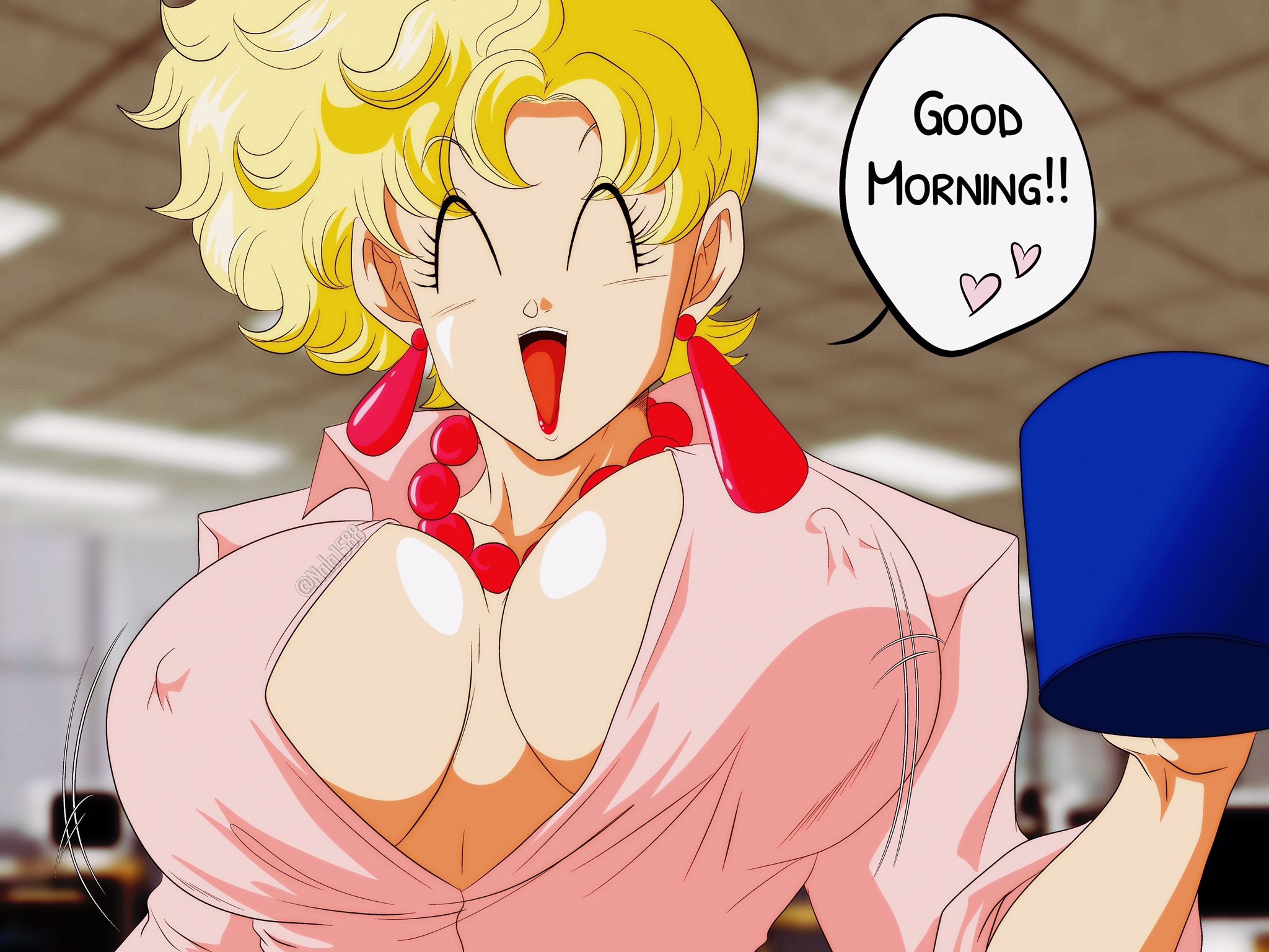 1girls, aged down, big breasts, blonde, blonde hair, breasts, business suit, cleavage, dragon ball, dragon ball z, earrings, female, female only, huge breasts, large breasts, looking at viewer, nala1588, necklace, nipple bulge, nipples, panchy, panchy (dragon ball), panchy briefs, shounen jump, solo, solo female