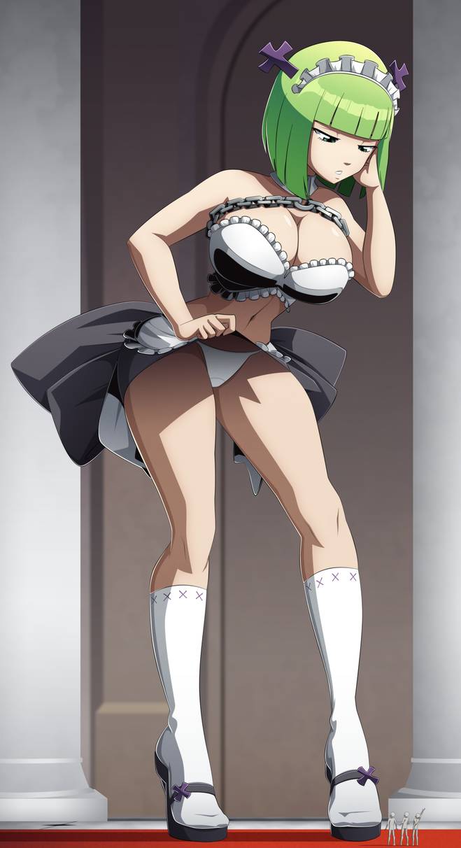 1girls, 3boys, big breasts, brandish mew, breasts, cleavage, color, edit, faceless male, fairy tail, female, giantess, green eyes, green hair, green-haired female, kneehighs, large breasts, larger female, lifting skirt, looking down, macro, maid outfit, male, multiple boys, multiple males, panties, ravenravenraven, size difference, small panties, smaller male, upskirt, white panties