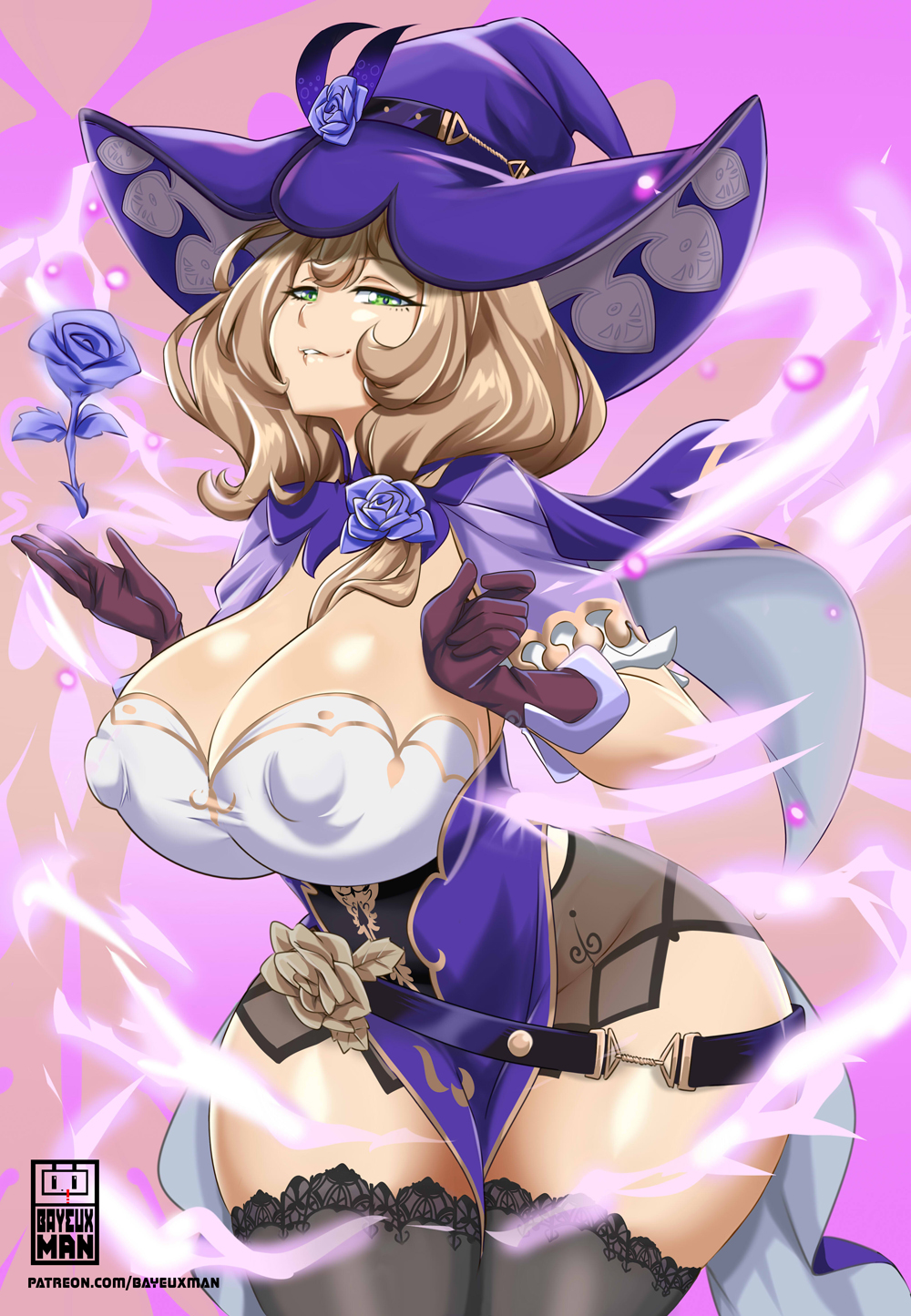 1girls, bayeuxman, big breasts, breasts, brown hair, curvaceous, curvy figure, eye contact, female, genshin impact, green eyes, half-closed eyes, hat, huge breasts, lisa (genshin impact), long hair, looking at viewer, nipple bulge, rose, thick thighs, thighhighs, thighs, voluptuous, wide hips, witch hat