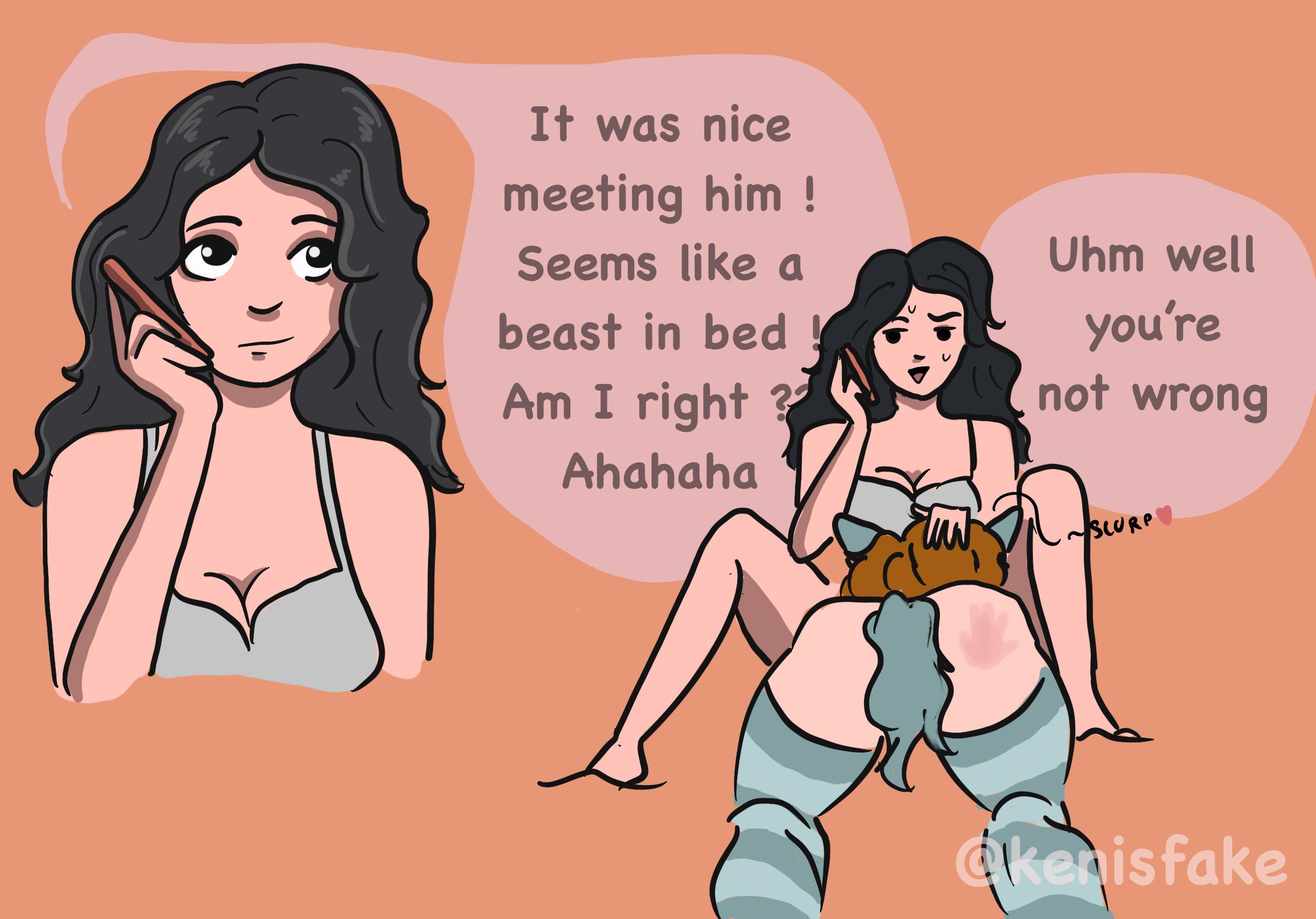 1boy, 1girls, anal plug, big breasts, breasts, buttplug, buttplug tail, cat ears, cleavage, cunnilingus, english text, female, femboy, femdom, gentle femdom, hand mark, hand on head, hand print, handprint, handprint on ass, head pat, implied cunnilingus, implied oral, kenisfake, male, malesub, on phone, oral, oral sex, original, petplay, phone, phone call, sex toy, simple background, spank mark, spank marks, spank marks on ass, spanked, text, thighhighs