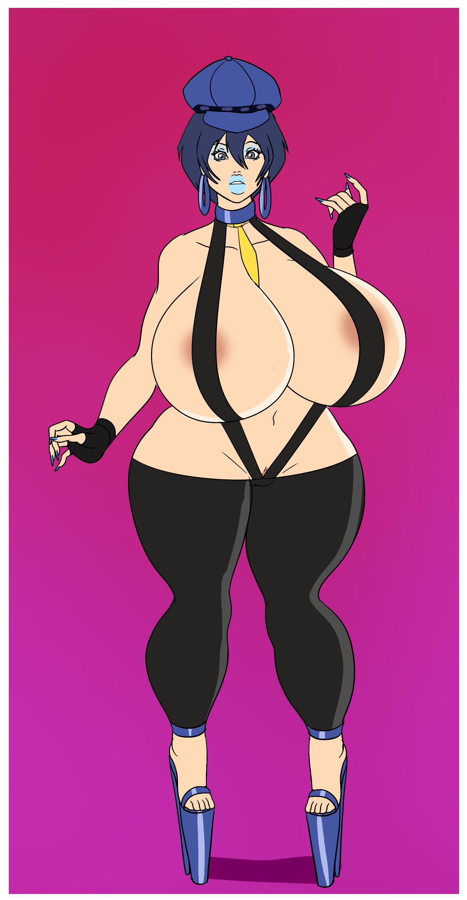 annon, areolae, bimbo, blue eyes, blue hair, blue lipstick, breasts, choker, female, female only, fingerless gloves, high heels, hoop earrings, huge breasts, persona, persona 4, shirogane naoto, short hair, sling bikini, solo, thick lips, tie, venus body, wide hips