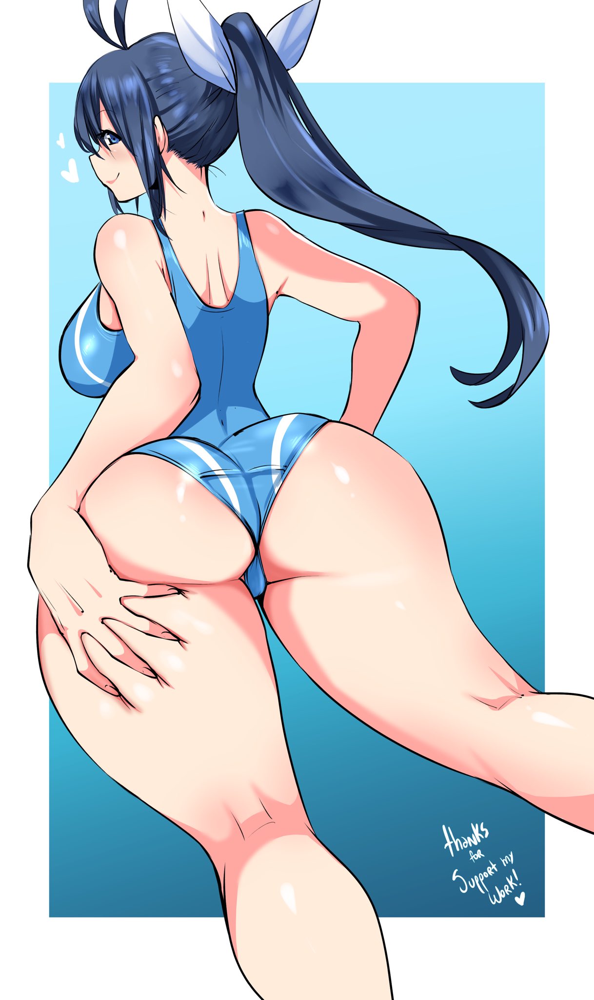 1girls big_breasts big_butt blue_eyes blue_hair blush butt curvaceous curvy_figure eye_contact favorite grabbing_own_butt hair_ribbon kaminashi_nozomi keijo!!!!!!!! kenron_toqueen long_hair looking_at_viewer looking_back one-piece_swimsuit ponytail sideboob swimsuit thick_thighs thighs