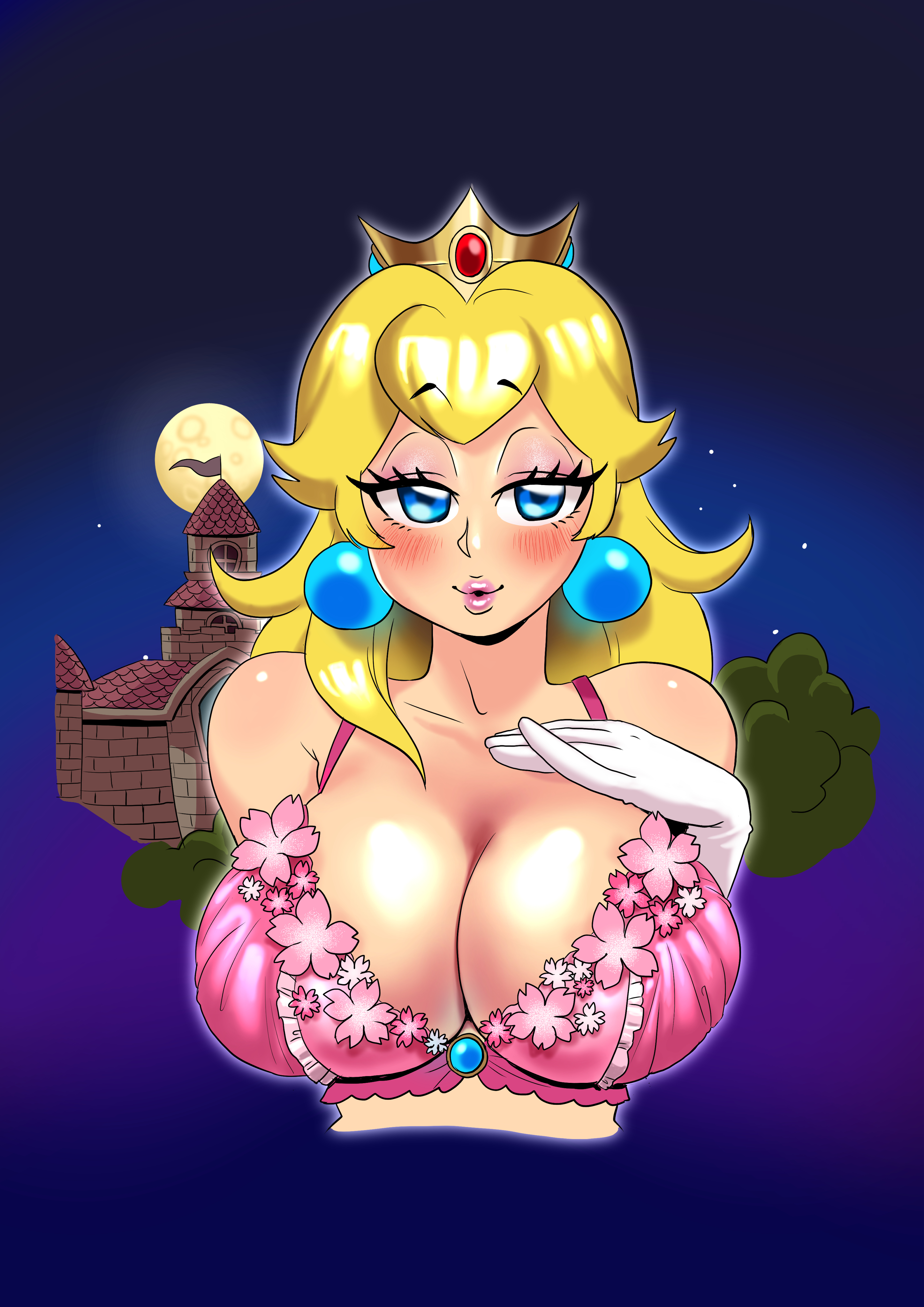ass, bedroom eyes, big breasts, blonde hair, blue eyes, blush, bra, breasts, cleavage, earrings, female, female only, huge breasts, large ass, lipstick, long hair, looking at viewer, mario (series), nintendo, pink bra, princess, princess peach, royalty, sasatseng, super mario bros.