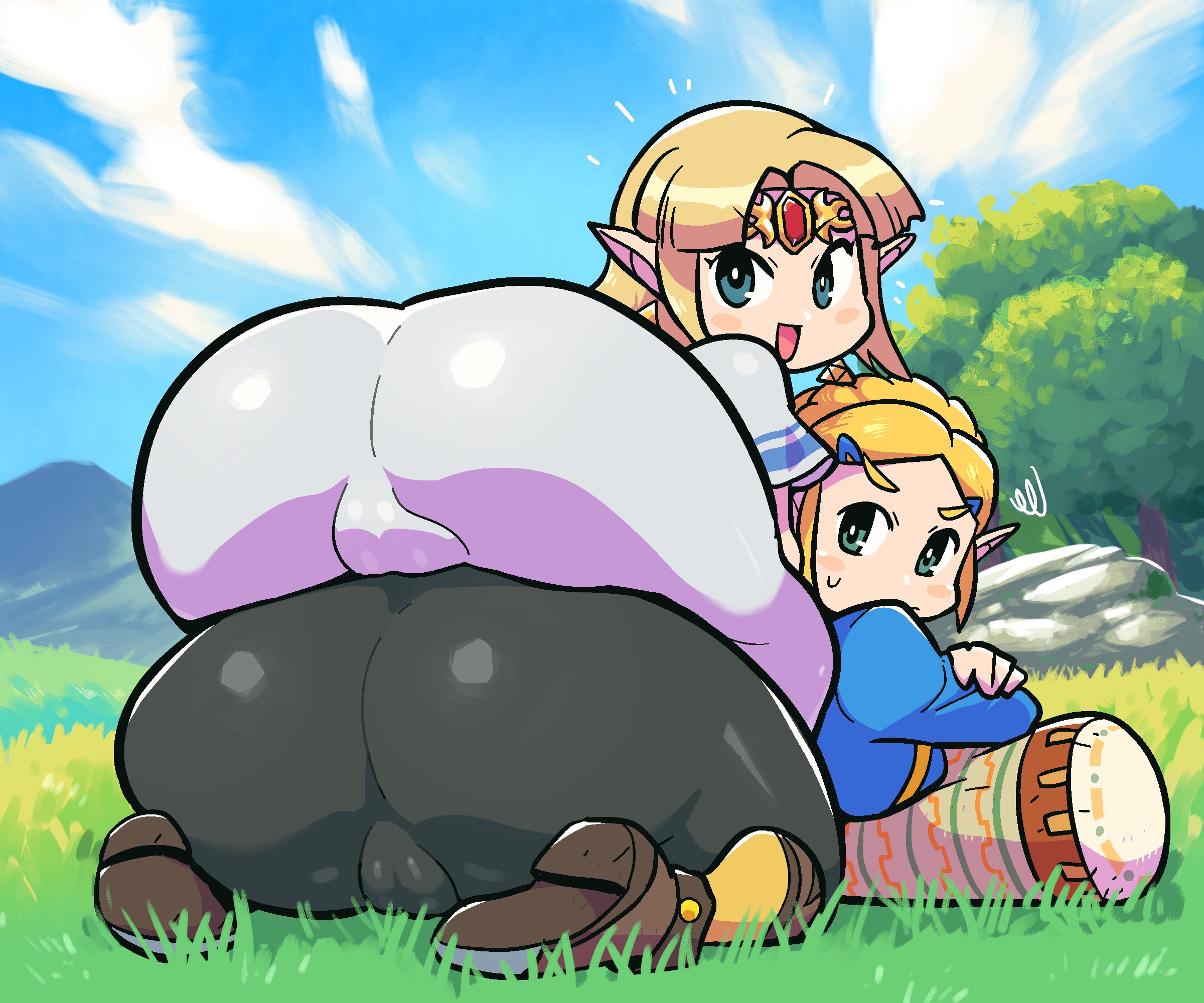 2girls, a link between worlds, ass, ass stack, big ass, big butt, blonde, blonde hair, braided hair, breath of the wild, crap-man, fat mons, female, female only, huge ass, huge butt, looking at viewer, looking back, multiple females, multiple girls, nintendo, png version available, princess zelda, stacked, the legend of zelda, thick thighs, wariza, wide hips, zelda (a link between worlds), zelda (breath of the wild)