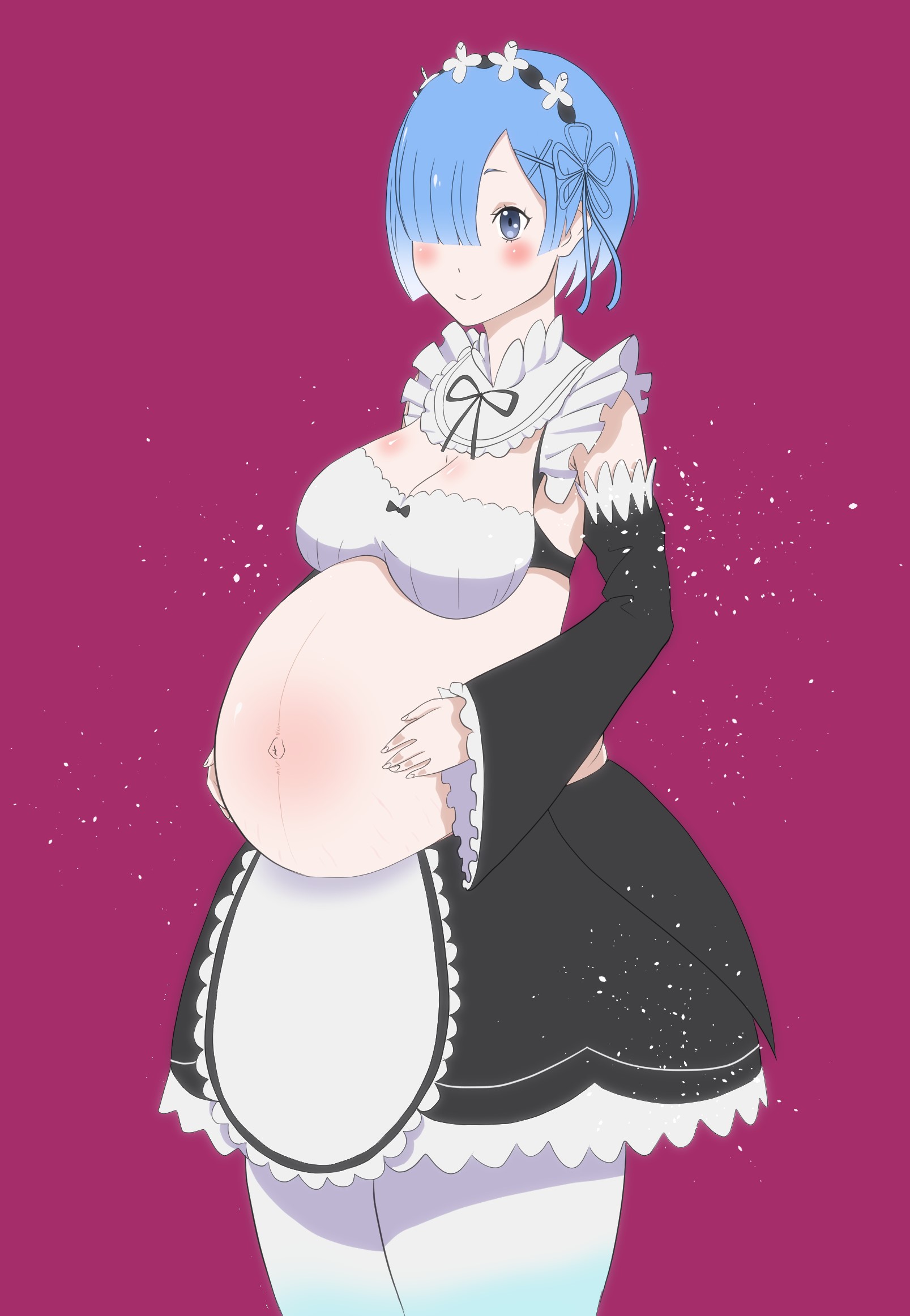 1girls, big belly, big breasts, blue eyes, blue hair, blush, breasts, cleavage, clone66, clothed, clothing, female, female only, hair ornament, hair over one eye, hand on belly, holding belly, large belly, large breasts, maid, navel, outie navel, pink background, pregnant, re:zero kara hajimeru isekai seikatsu, rem (re:zero), short hair, smile, solo, solo female, solo focus, standing, thick thighs