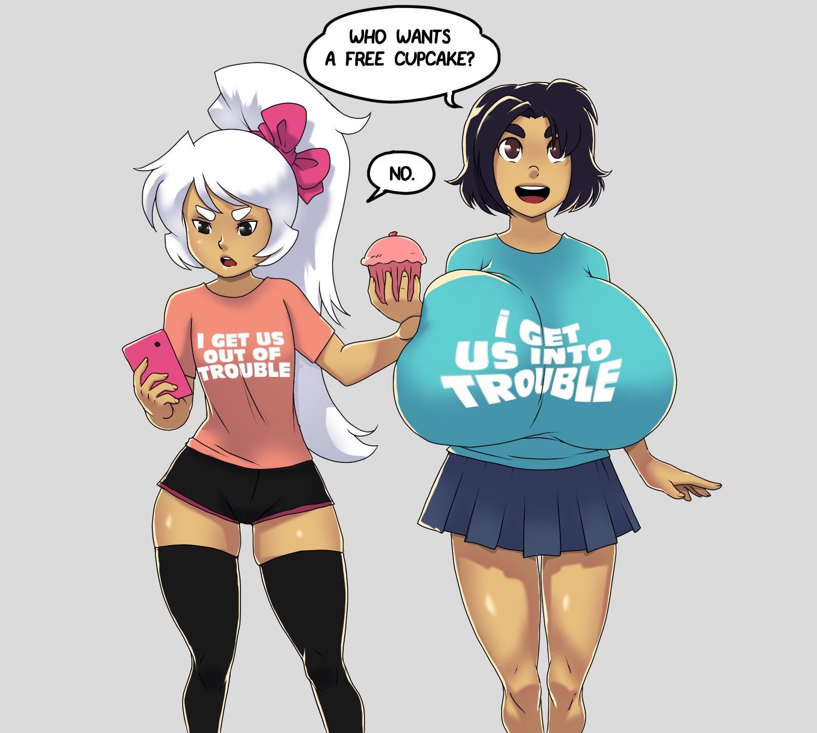2girls, asian, big breasts, black hair, breasts, breasts bigger than head, candice (icymasamune), clothed, clothed female, female, female only, huge breasts, human, human only, hyper breasts, icymasamune, light skin, light-skinned female, multiple females, non-nude, ponytail, skirt, small breasts, standing, stockings, top heavy, white hair, yellow-skinned asian