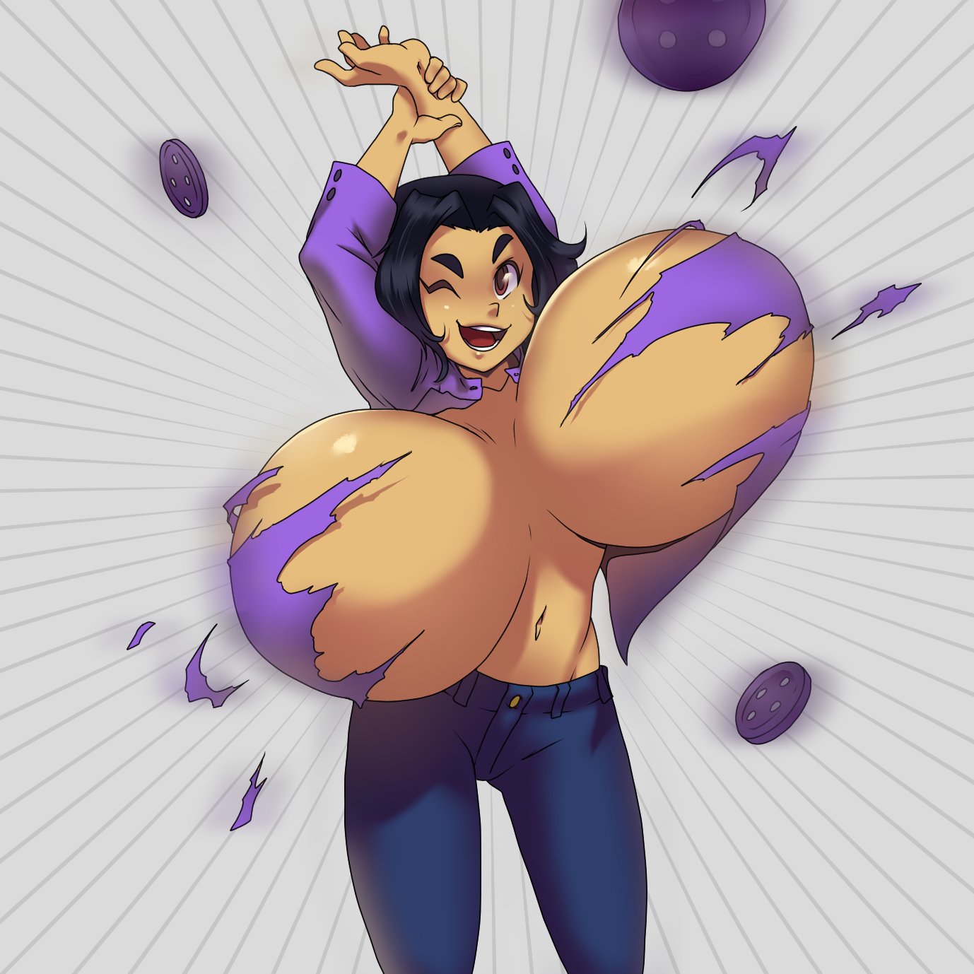 1girls, asian, big breasts, black hair, breasts, buttons, candice (icymasamune), exploding clothes, female, female only, huge breasts, hyper, hyper breasts, icymasamune, large breasts, popped button, short hair, small ass, solo, solo female, top heavy, torn clothes, yellow-skinned asian