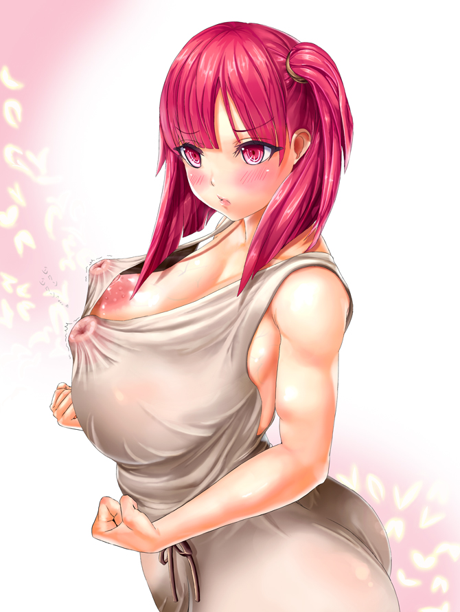 1girls 2013 alternate_breast_size big_breasts big_nipples blush breasts erect_nipples female female_only gradient_background hair_between_eyes human lowres magi:_the_labyrinth_of_magic morgiana red_eyes red_hair short_hair simple_background solo