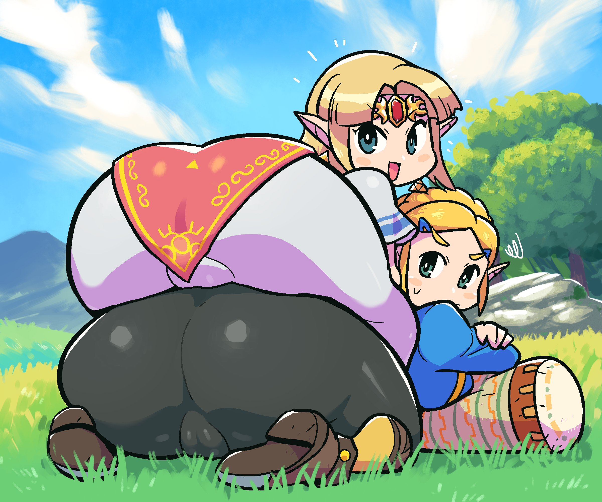 2girls, a link between worlds, ass, ass in dress, ass stack, big ass, big butt, breath of the wild, crap-man, female, female only, huge ass, huge butt, looking at viewer, looking back, nintendo, png version available, princess zelda, stacked, the legend of zelda, thick thighs, wariza, wide hips, zelda (a link between worlds), zelda (breath of the wild)