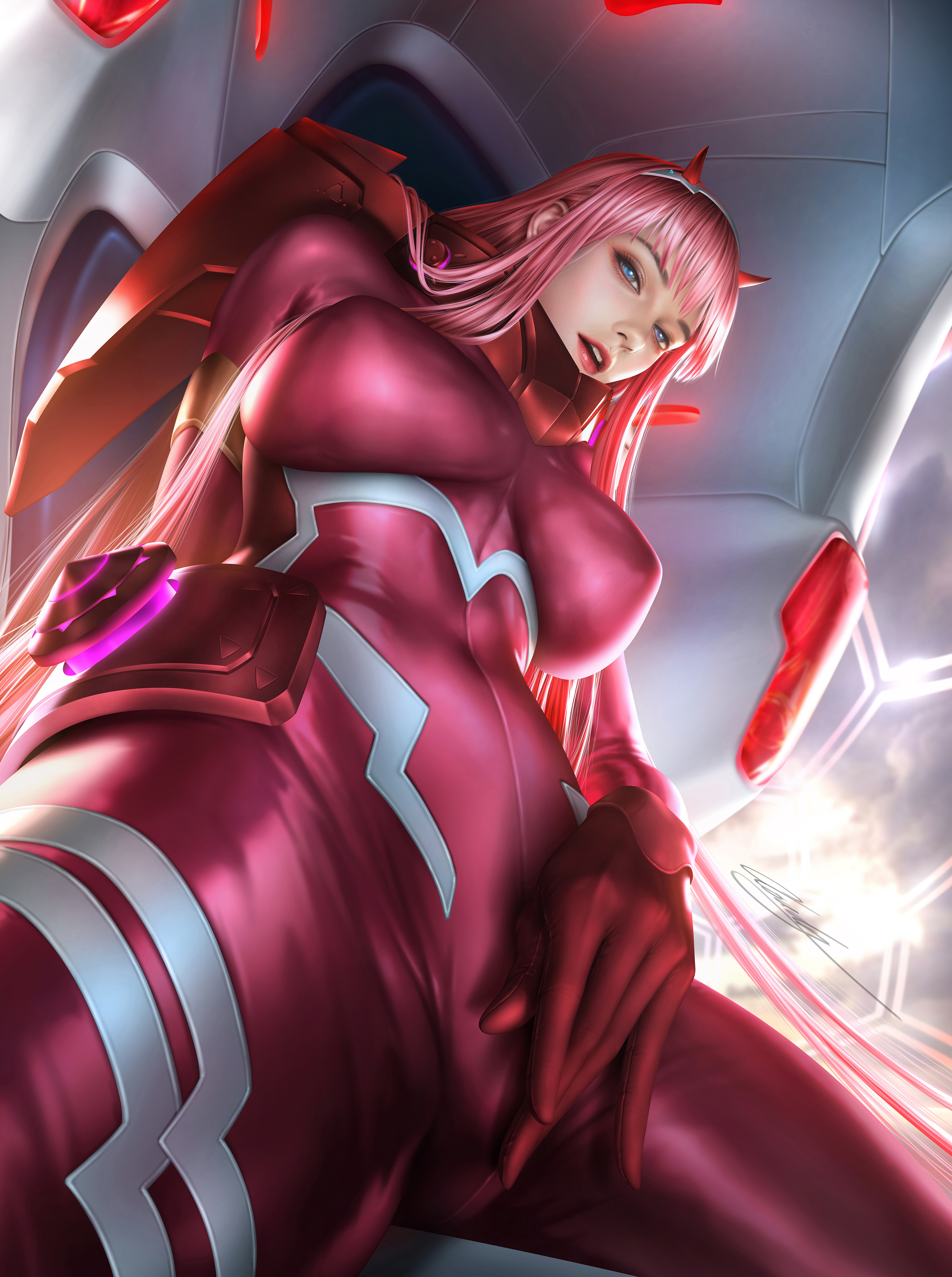 1girls, alternate breast size, blue eyes, bodysuit, breasts, cloud.d, darling in the franxx, female, gloves, jpeg, large breasts, lips, long hair, masturbation, pink hair, realistic, shiny, skin tight, solo, zero two (darling in the franxx)