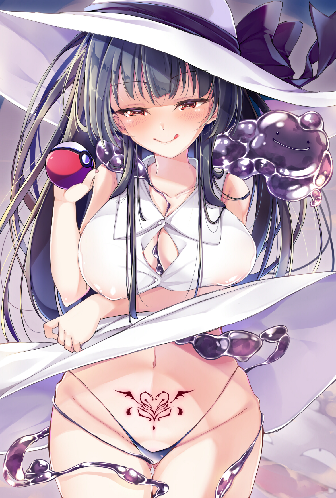 :q, alternate breast size, ass visible through thighs, bare arms, bare shoulders, between breasts, black hair, black panties, breast hold, breasts, button gap, cleavage, closed mouth, collared dress, commentary request, covered nipples, cowboy shot, ditto, dress, dress lift, female, gen 1 pokemon, groin, hand up, hat, hat ribbon, heart, heart-shaped pupils, highleg, highleg panties, highres, holding, holding poke ball, implied bestiality, large breasts, long hair, looking at viewer, navel, neko pan, nintendo, on shoulder, original, panties, poke ball, pokemon, pokemon (species), pubic tattoo, red eyes, ribbon, skindentation, sleeveless, sleeveless dress, slime, slime monster, smile, stomach, string panties, sun hat, symbol-shaped pupils, tattoo, thighs, tongue, tongue out, underwear, white dress, white headwear