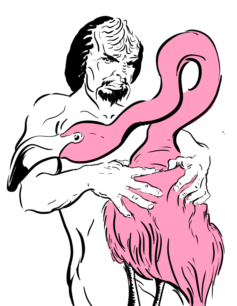 2009 alien bestiality collarbone flamingo forehead_ridges klingon_(species) looking_at_viewer male muscular muscular_male nose_ridges pink_feathers star_trek star_trek_deep_space_nine star_trek_the_next_generation tagme_(artist) unknown_artist worf zoophilia