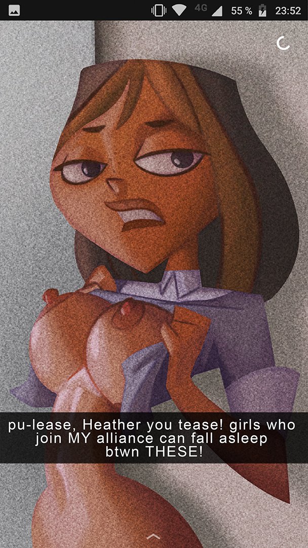 1girls, 9:16, areolae, athletic, athletic female, authorialnoice, big breasts, breasts, brown hair, busty, clothing, courtney (tdi), dark skin, dark-skinned female, english text, erect nipples, female, hourglass figure, nipples, selfie, shirt, shirt lift, short hair, sleeves rolled up, snapchat, text, total drama island, wide hips
