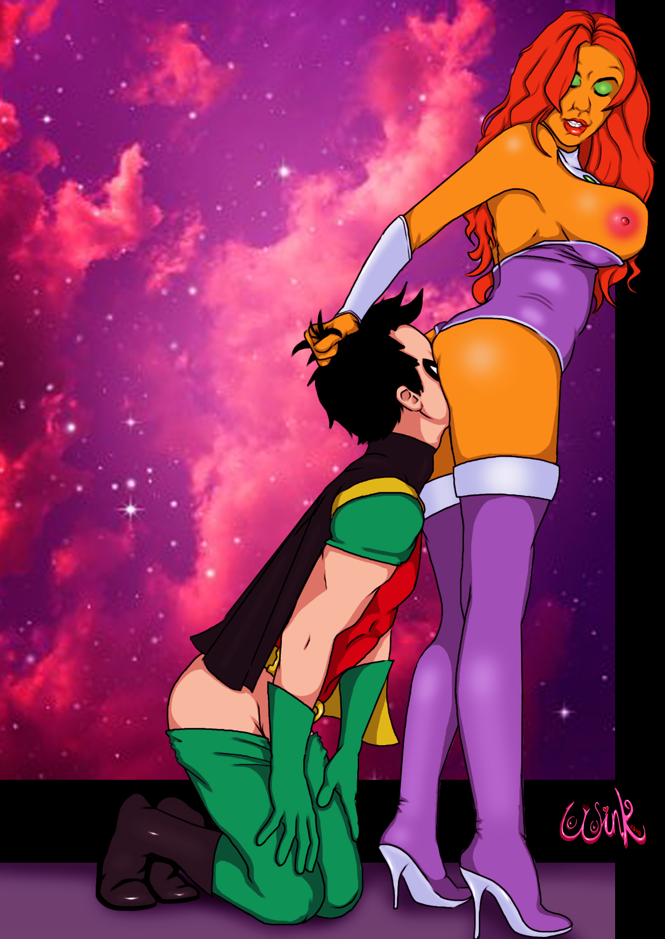 1boy, 1girls, alien, alien girl, areolae, ass, ass worship, batman (series), between buttocks, big ass, big breasts, big butt, black hair, boots, breasts, cape, closed eyes, colored, dark hair, dc, dc comics, desperation, dick grayson, domino mask, exposed breasts, eyes closed, eyeshadow, face, female, femdom, footwear, gauntlets, green eyeshadow, hair, hair grab, hair pull, he kneeling, heels, high heel boots, high heels, kneeling, koriand'r, large breasts, leotard, lipstick, long hair, makeup, male, male on female, male with female, malesub, mask, nipples, no bra, no underwear, nudity, on knees, orange skin, pants down, pink nipples, red hair, red lips, red lipstick, robin (dc), robin (dick grayson), short hair, simple background, sky, slave, smile, smiling, standing, starfire, stars, straight, superhero, superheroine, tamaranean, teen titans, teeth, thewink, thigh high boots, thighhighs, thong leotard, uncensored, very long hair, window
