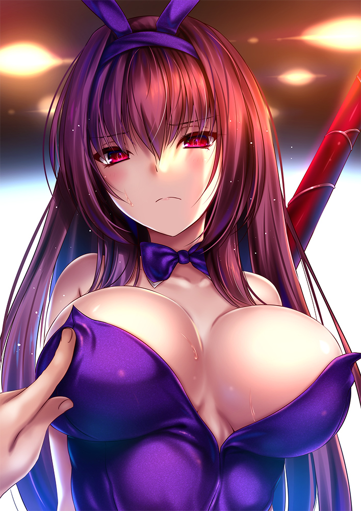 akeyama kitsune, bowtie, breast poke, breasts, bunny ears, bunnysuit, cleavage, embarrassed, fate (series), fate/grand order, female, large breasts, leotard, purple hair, purple leotard, red eyes, scathach (fate), scathach (piercing bunny)