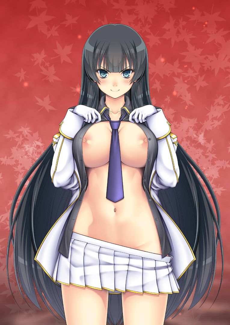 >:) bangs black_eyes black_hair black_necktie black_shirt blunt_bangs breasts closed_mouth clothes_pull commentary_request cowboy_shot female gloves ikaruga_(senran_kagura) large_breasts long_hair long_sleeves looking_at_viewer marvelous military military_uniform navel necktie nipple_slip nipples no_panties open_clothes open_shirt osafune_kairi photoshop_(medium) senran_kagura senran_kagura_shoujo-tachi_no_shin'ei shirt skirt skirt_pull smile solo stomach uniform v-shaped_eyebrows very_long_hair white_gloves