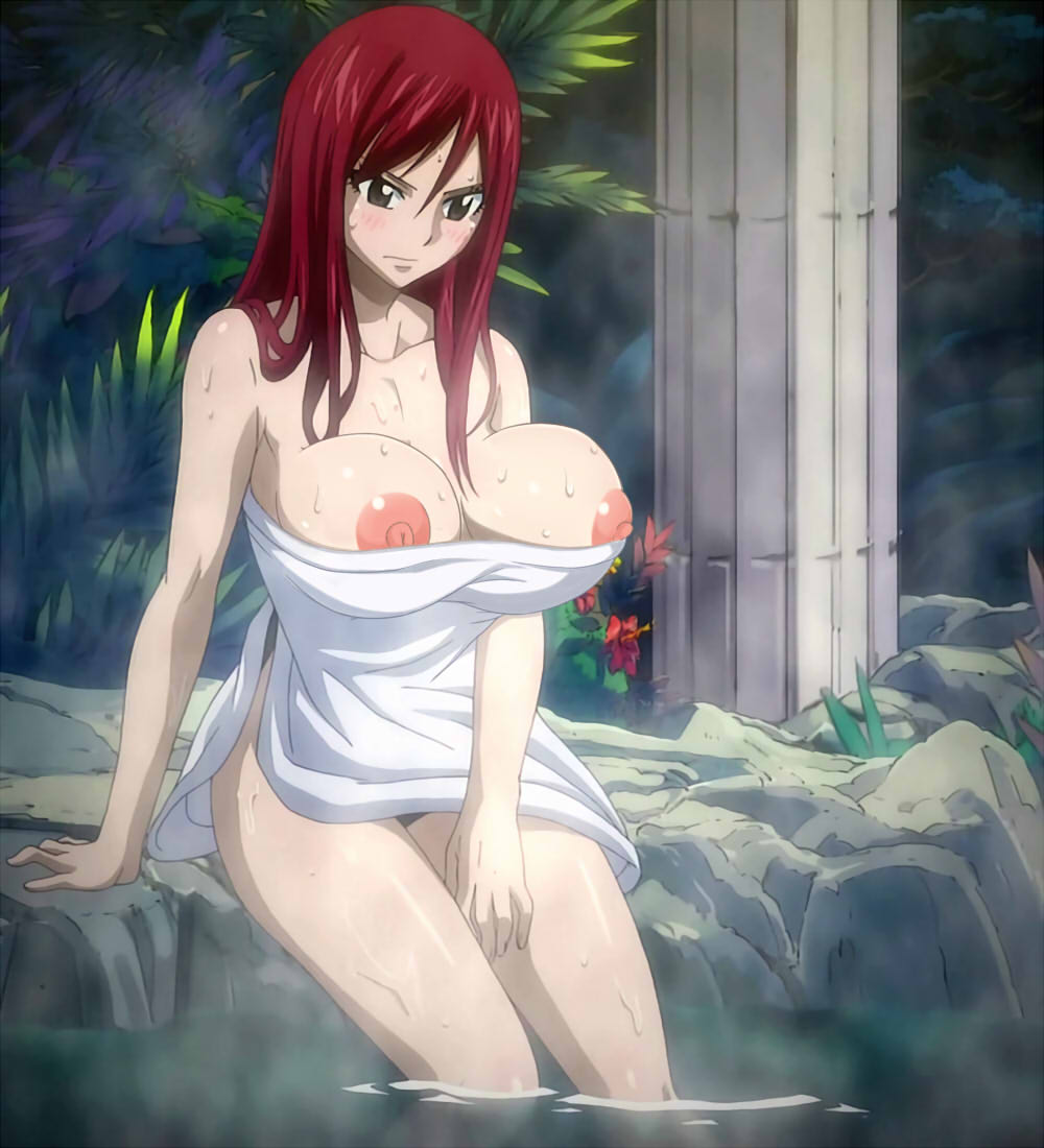 1girls, bathing, big breasts, blush, breasts, edit, embarrassed, erza scarlet, fairy tail, female, female focus, female only, long hair, nipples, nude filter, on model, red hair, red-haired female, tagme, towel, towel only, ttrop, water