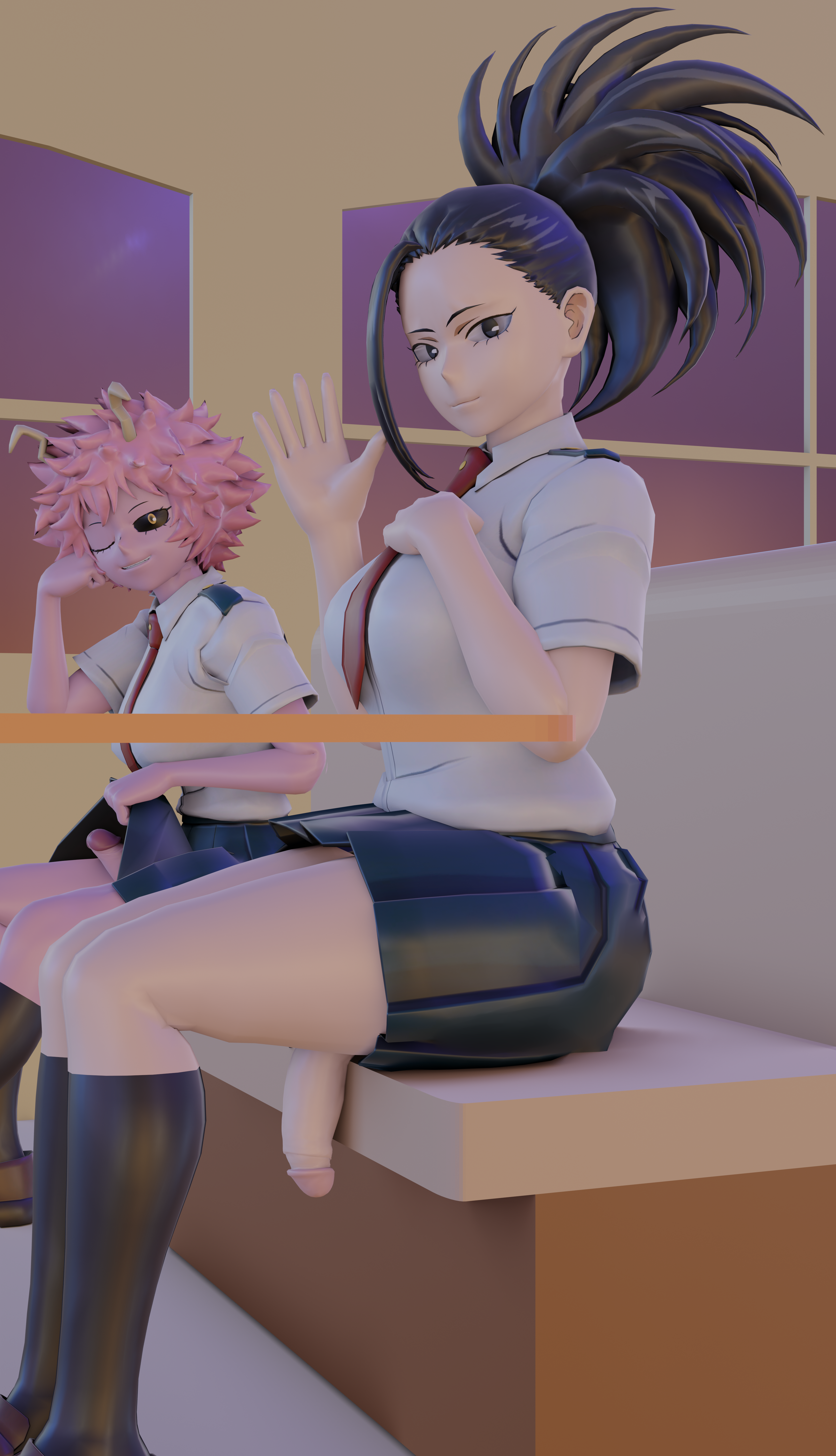 breasts, deepinhale, duo, flaccid, futa only, futanari, intersex, momo yaoyorozu, multiple futa, multiple penises, my hero academia, penis, penis under skirt, public, sitting, smile, waving arms