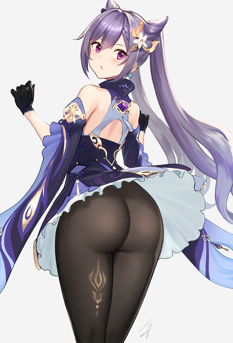 :o, ass, ass focus, blush, dress, exposed ass, female, female only, from behind, genshin impact, keqing (genshin impact), long hair, pantyhose, purple eyes, purple hair, short dress, skirt lift, tights, twintails, wind lift