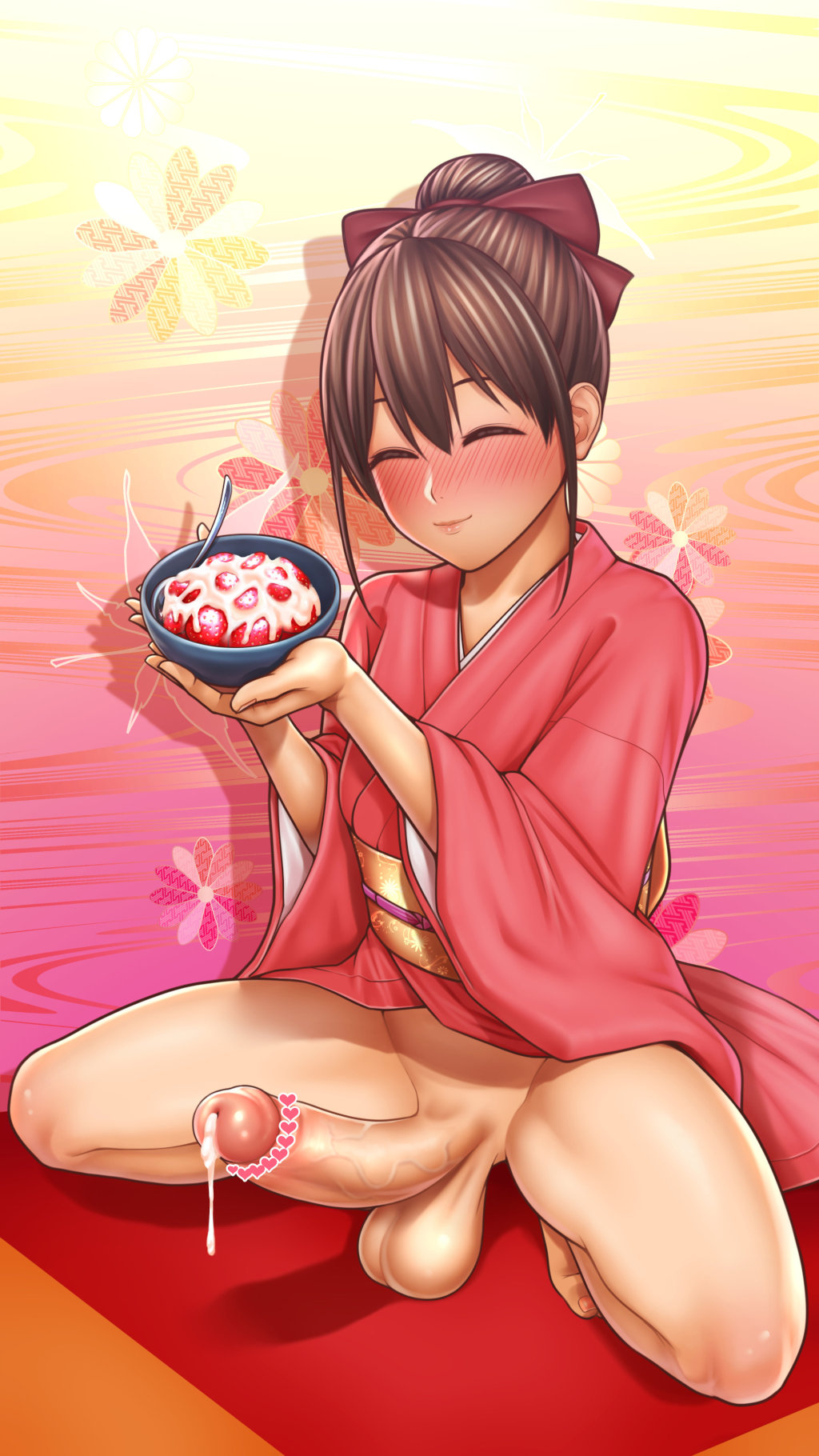 1futa balls barefoot big_penis blush bowl brown_hair censored closed_eyes clothed clothes clothing cum cum_on_food cumdrip daisy_mitsumata dessert erection eyes_closed floral_background floral_pattern food fruit full-package_futanari futa futa_only futanari hair_bun hair_ribbon hairless_balls hairless_penis heart_censor highres japanese_clothes kimono light-skinned_futanari light_skin long_hair no_panties no_pubic_hair original penis presenting presenting_food smile smiling smiling_at_viewer solo solo_futa spoon squatting strawberries strawberry testicles updo wholesome