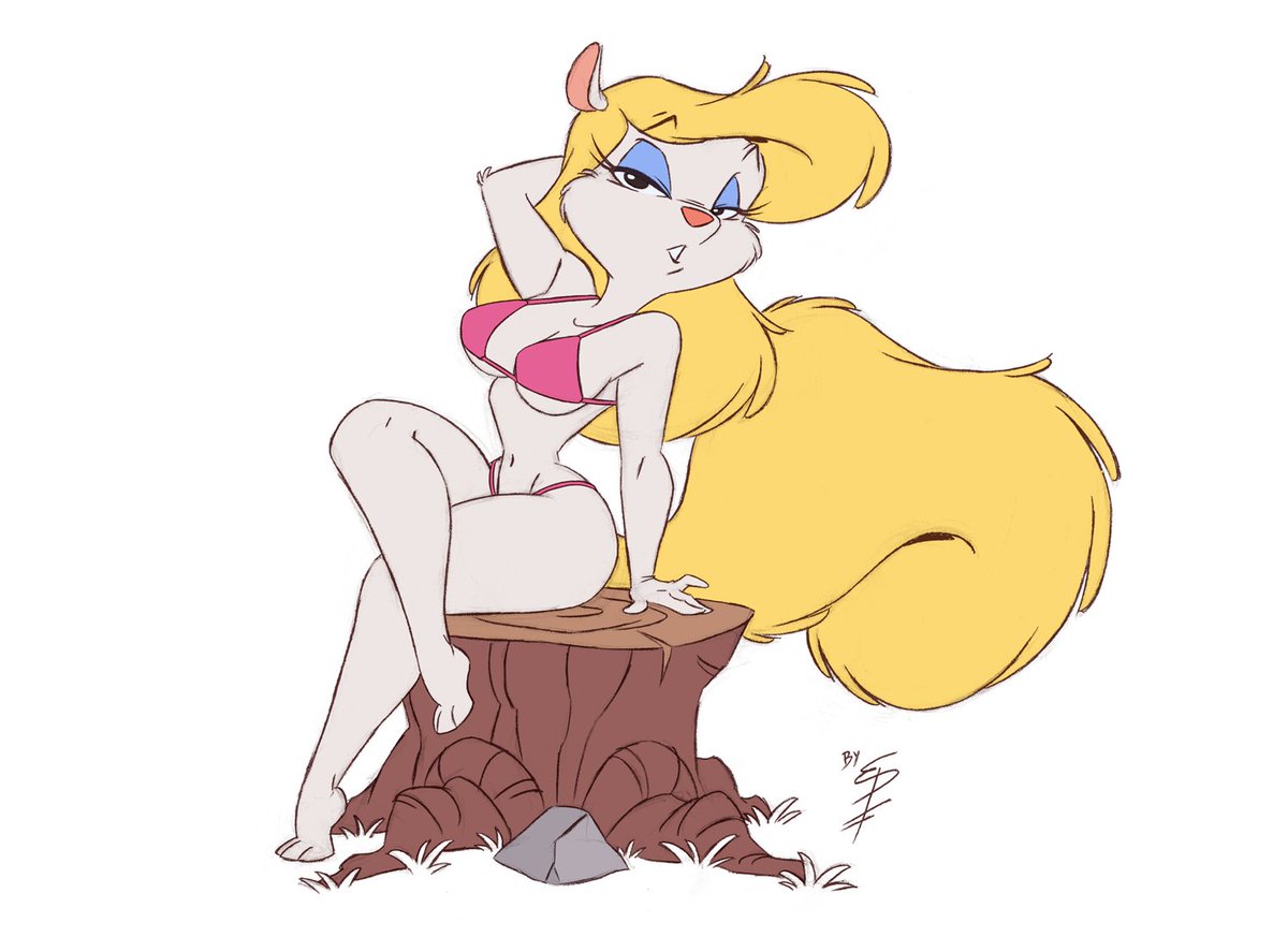 1girls, animaniacs, bikini, blonde hair, breasts, cleavage, crossed legs, eltonpot, eyeshadow, female, female only, furry, furry only, half-closed eyes, hands behind head, long hair, looking at viewer, mascara, midriff, minerva mink, navel, pink bikini, pose, posing, sitting, solo, tail, tree stump, underboob, white background, white fur